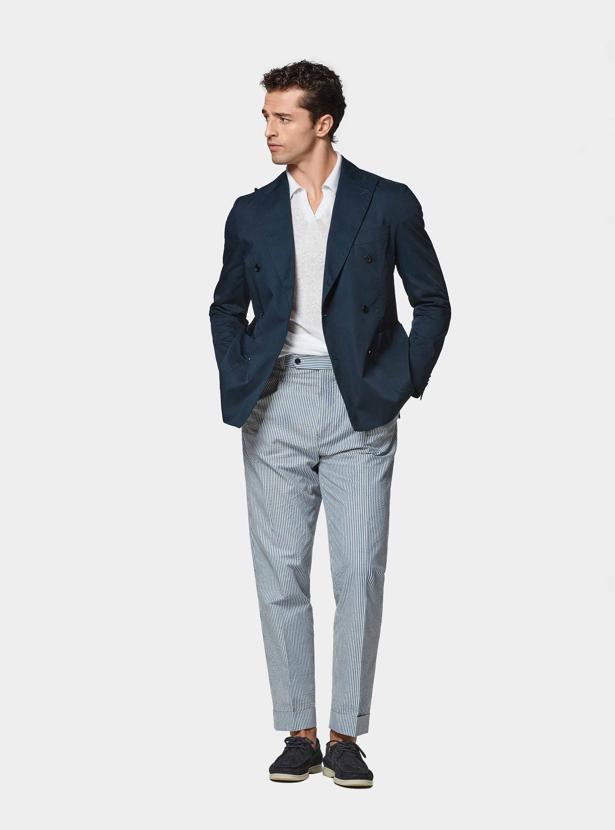 Giacca doppiopetto in cotone popeline, BLU NAVY
