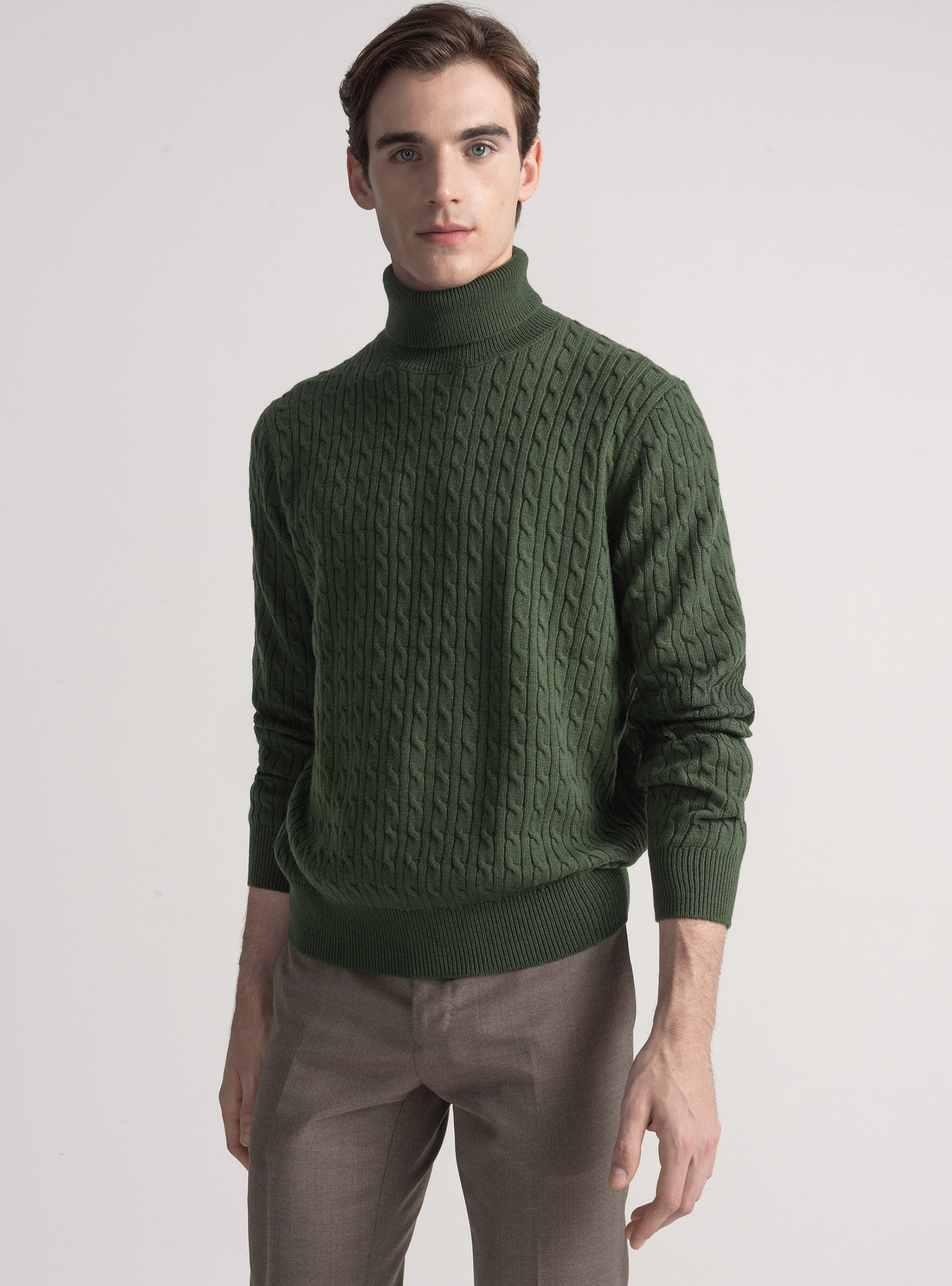 Maglia collo alto con treccia in misto lana, MILITARE 0609C