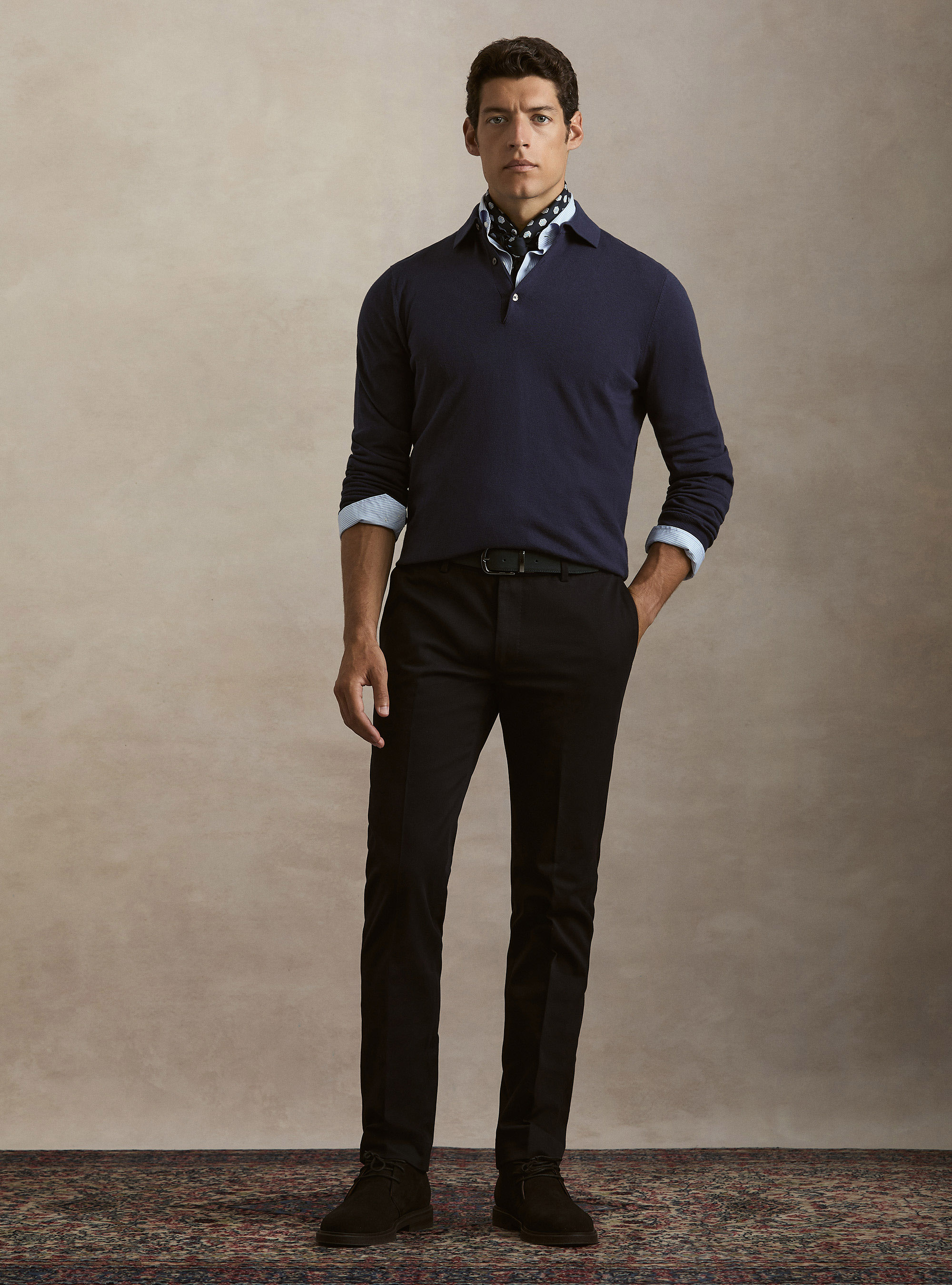 Polo in maglia di cotone e cashmere, INCHIOSTRO