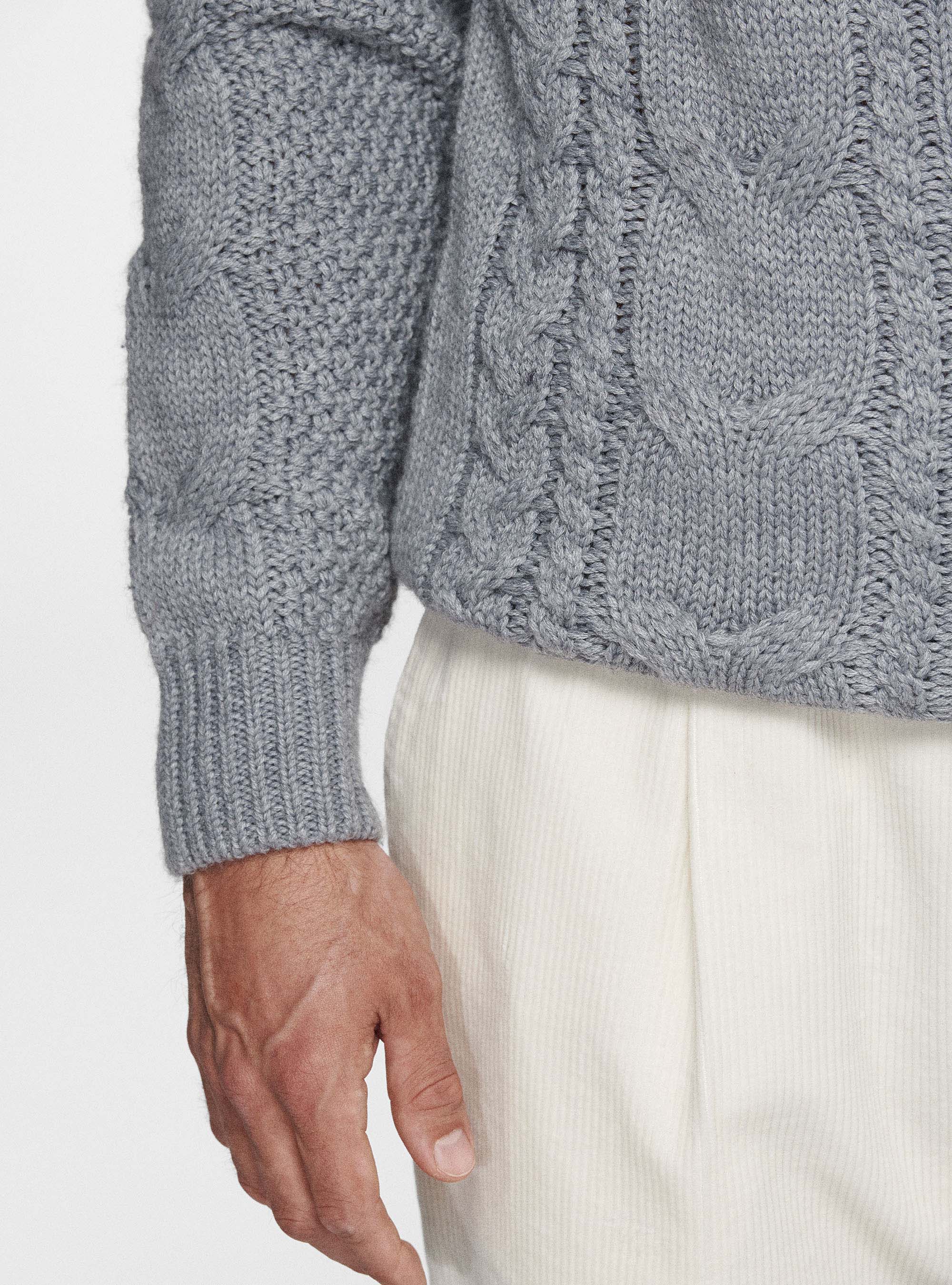 Wool-blend turtleneck sweater with braid, LIGHT GREY MELANGE