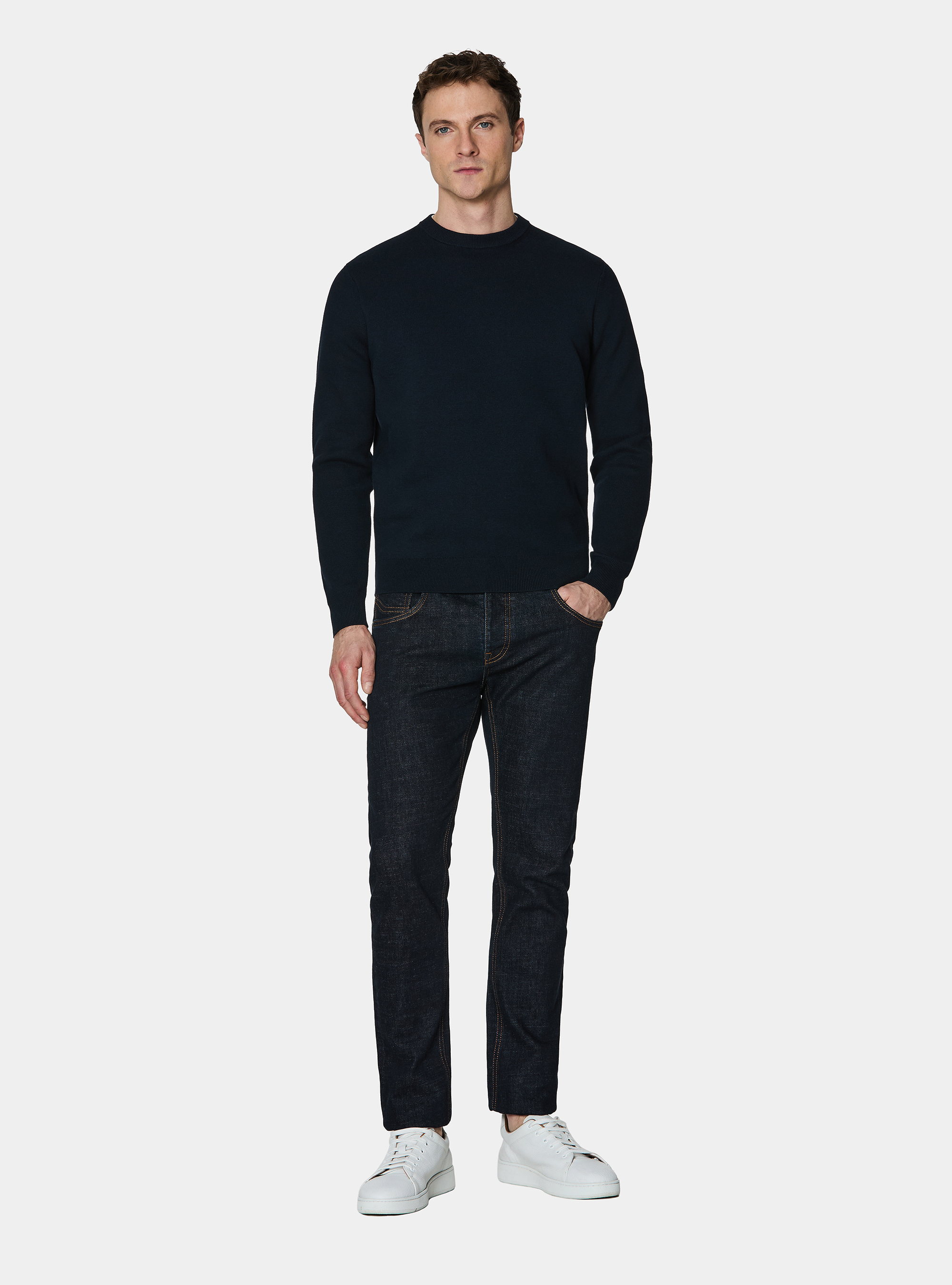 Pull &agrave; col rond en coton m&eacute;lang&eacute;, BLEU MARINE