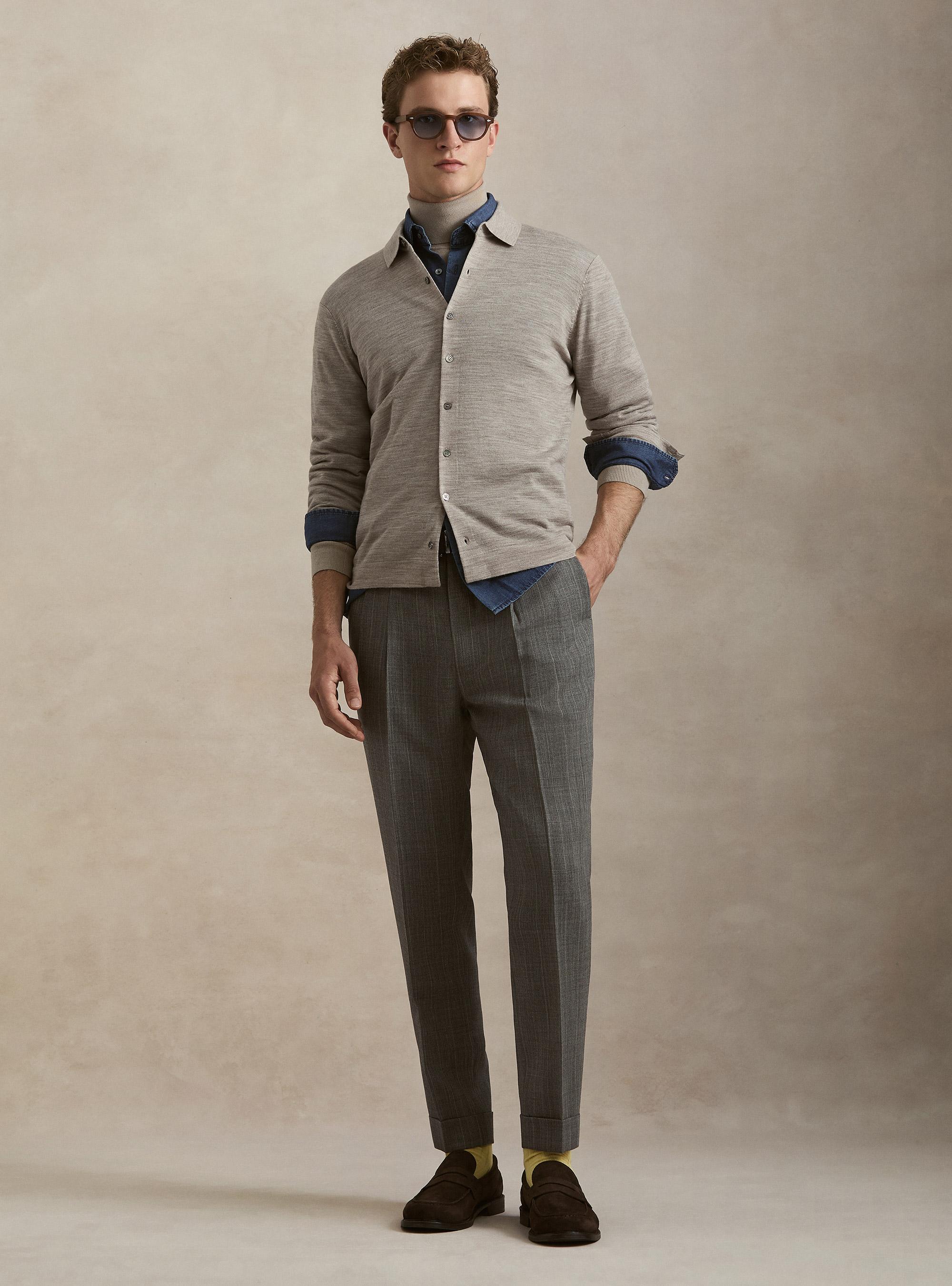 Langarm-Poloshirt aus Extrafine Merinowolle, SABBIA MELANGE 0564C