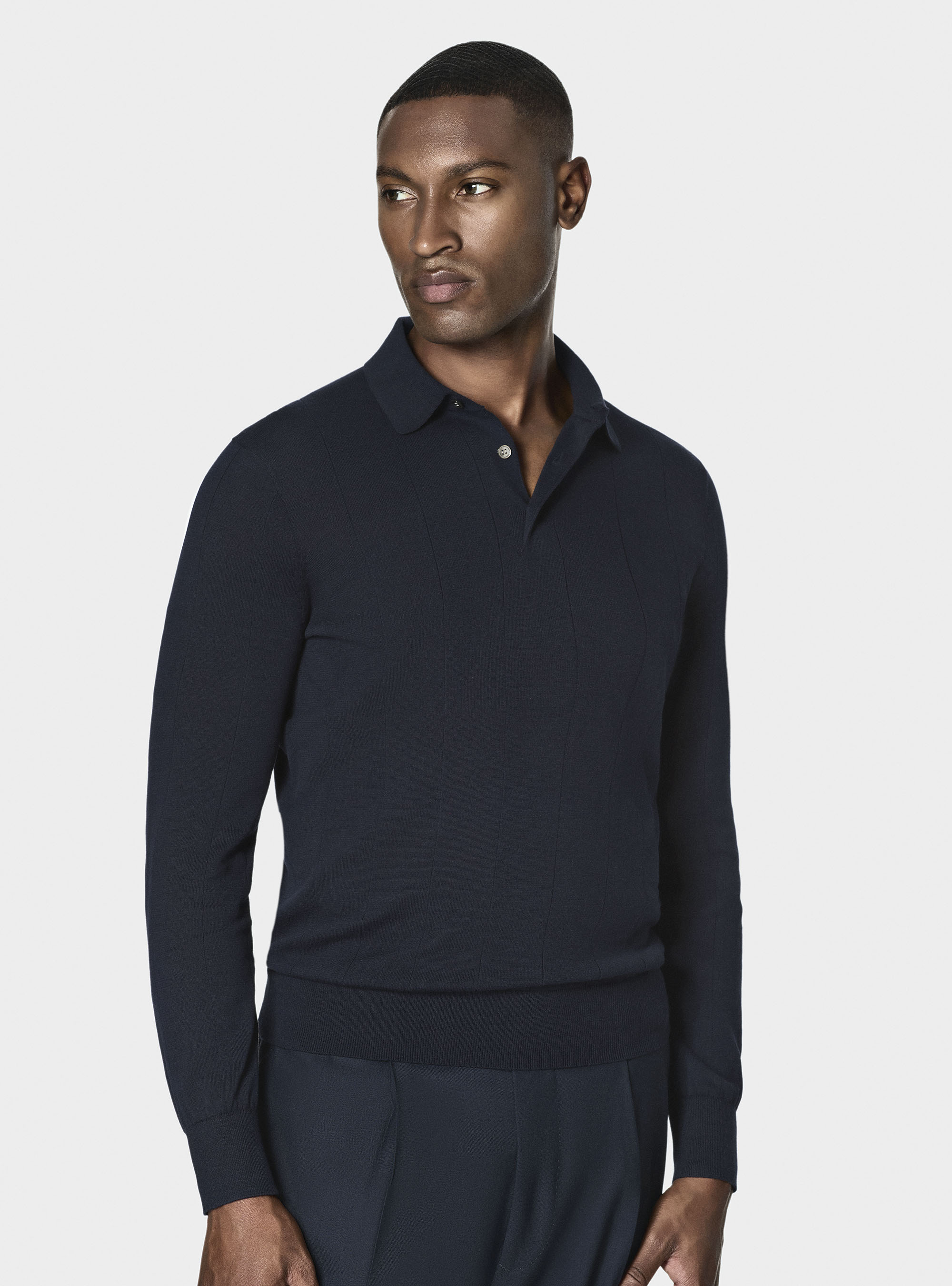 Long-sleeved knit polo shirt, NAVY BLUE