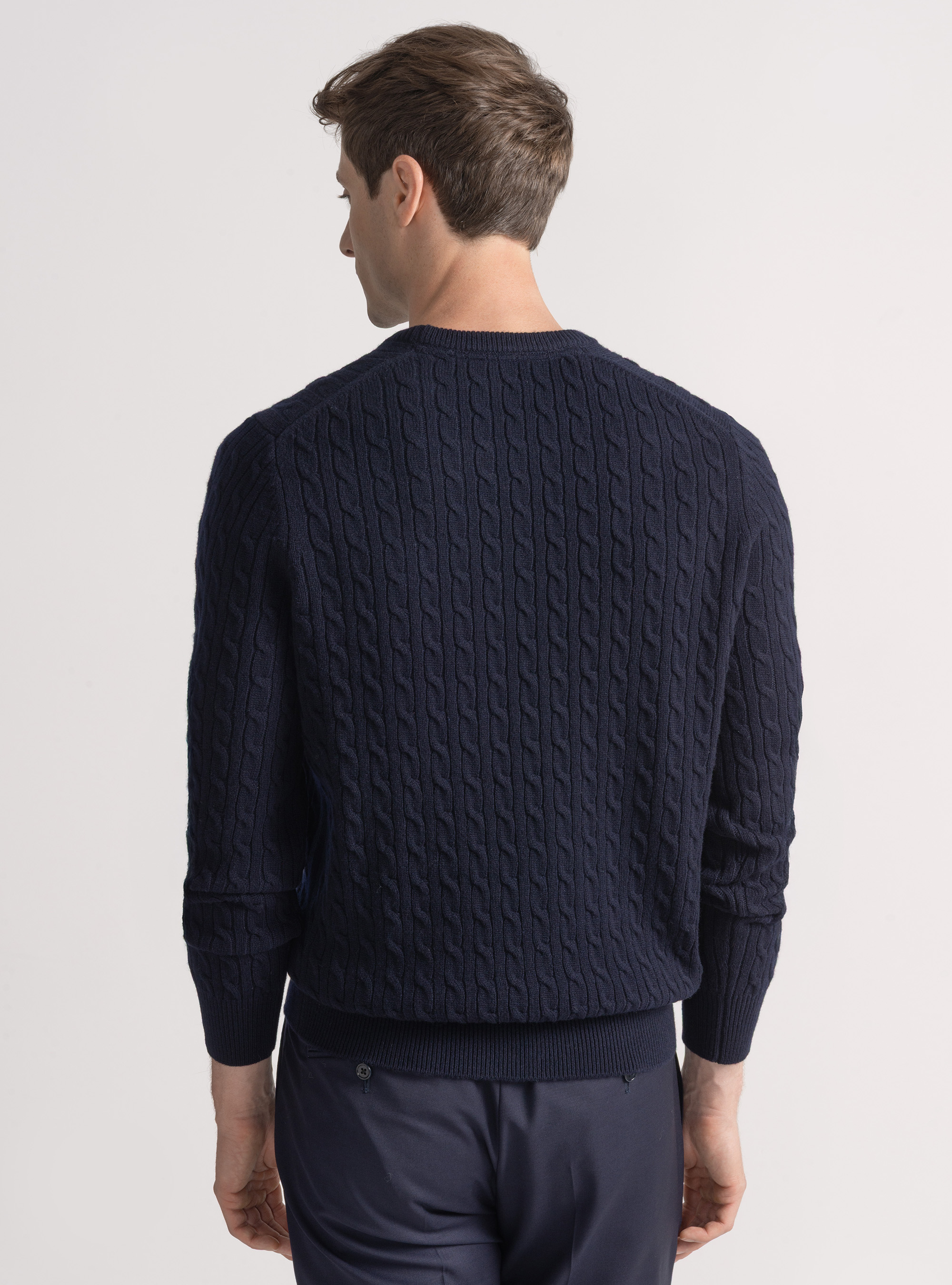 Maglia girocollo con treccia in lana e cashmere, BLU NAVY