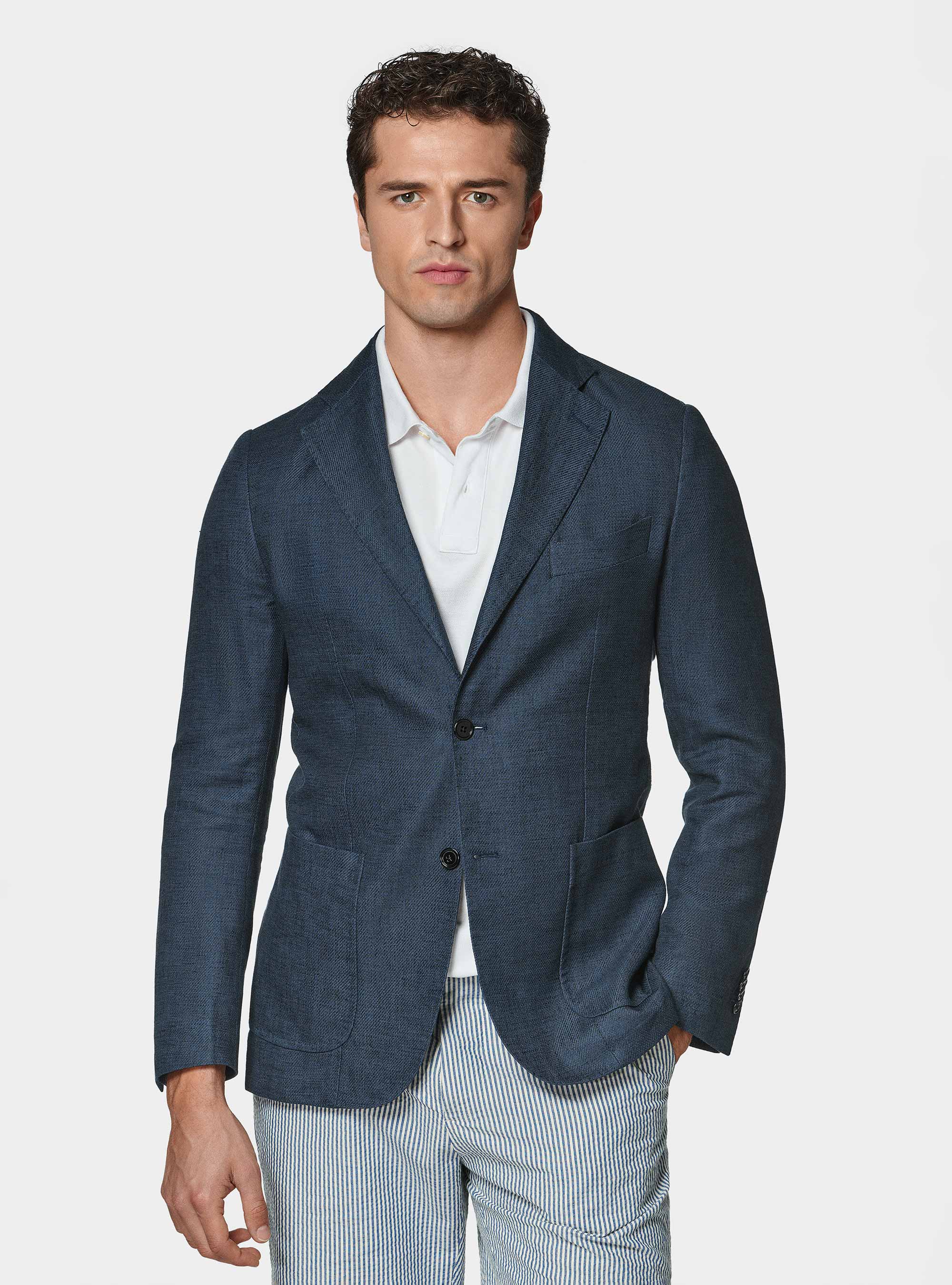 Giacca in misto lino e cotone, BLU NAVY