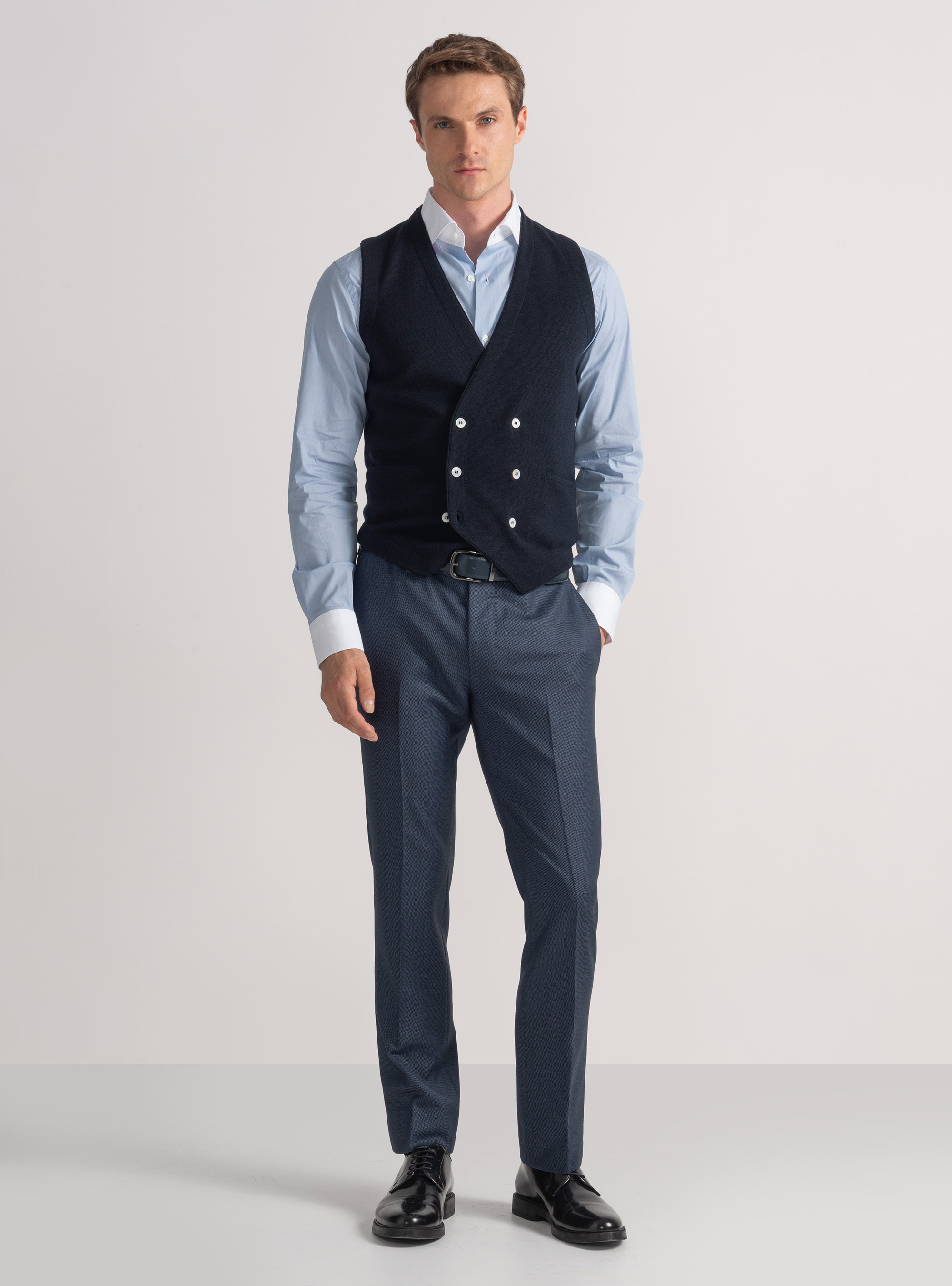 Double-breasted knitted gilet in pure extra-fine merino wool, NAVY BLUE