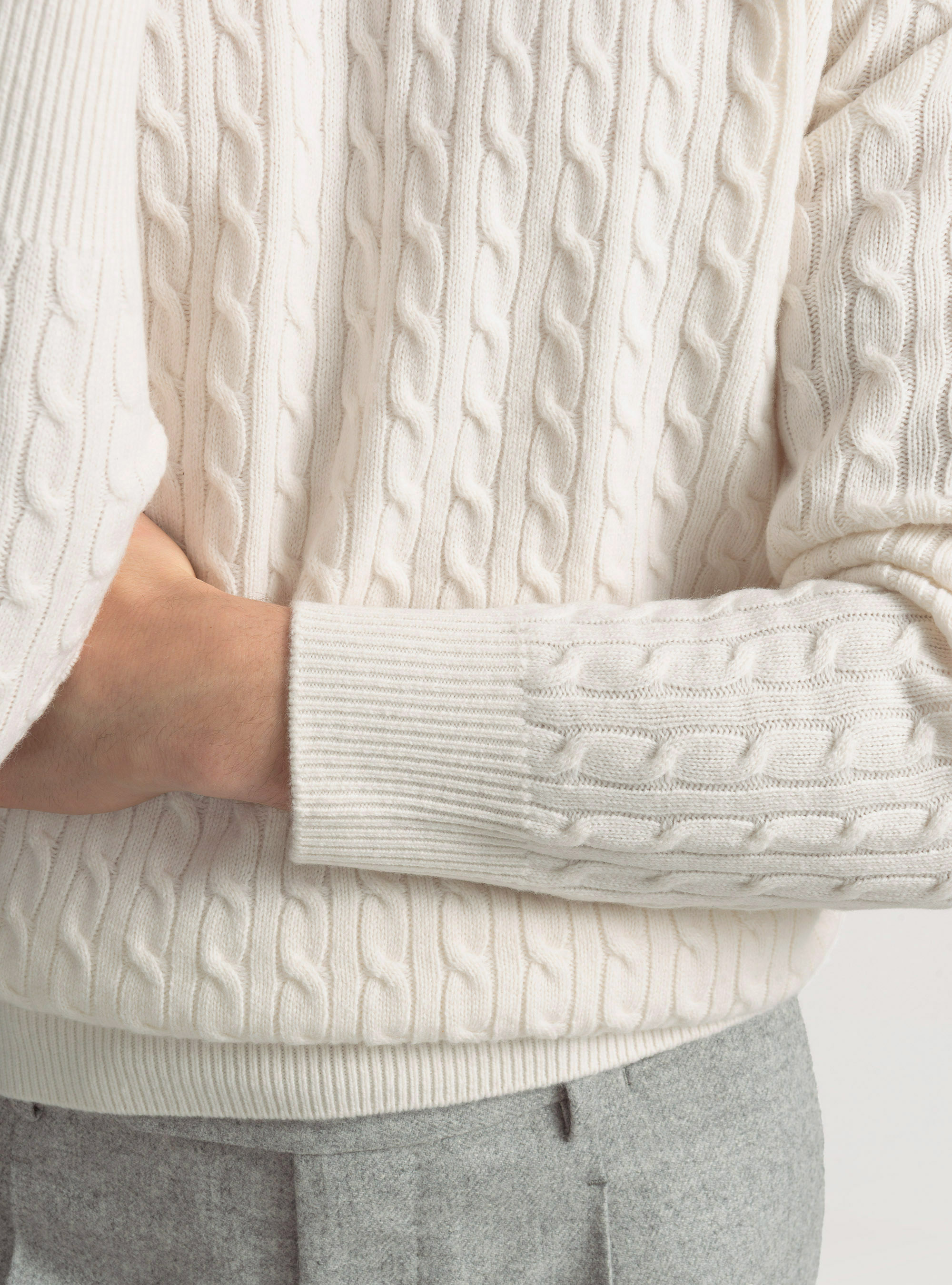 Crew-neck sweater with wool and cashmere braid, WHITE