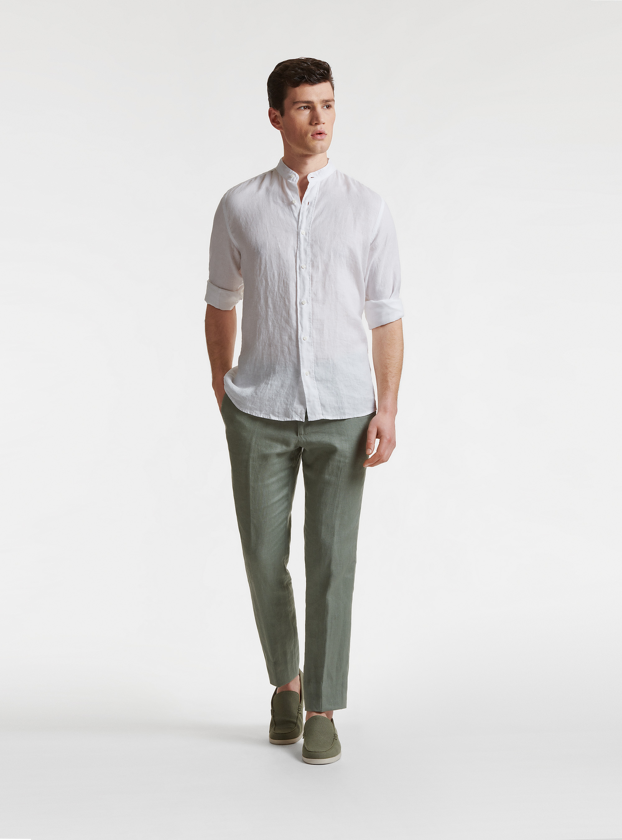 Camisa de cuello coreano en puro lino, BLANCO