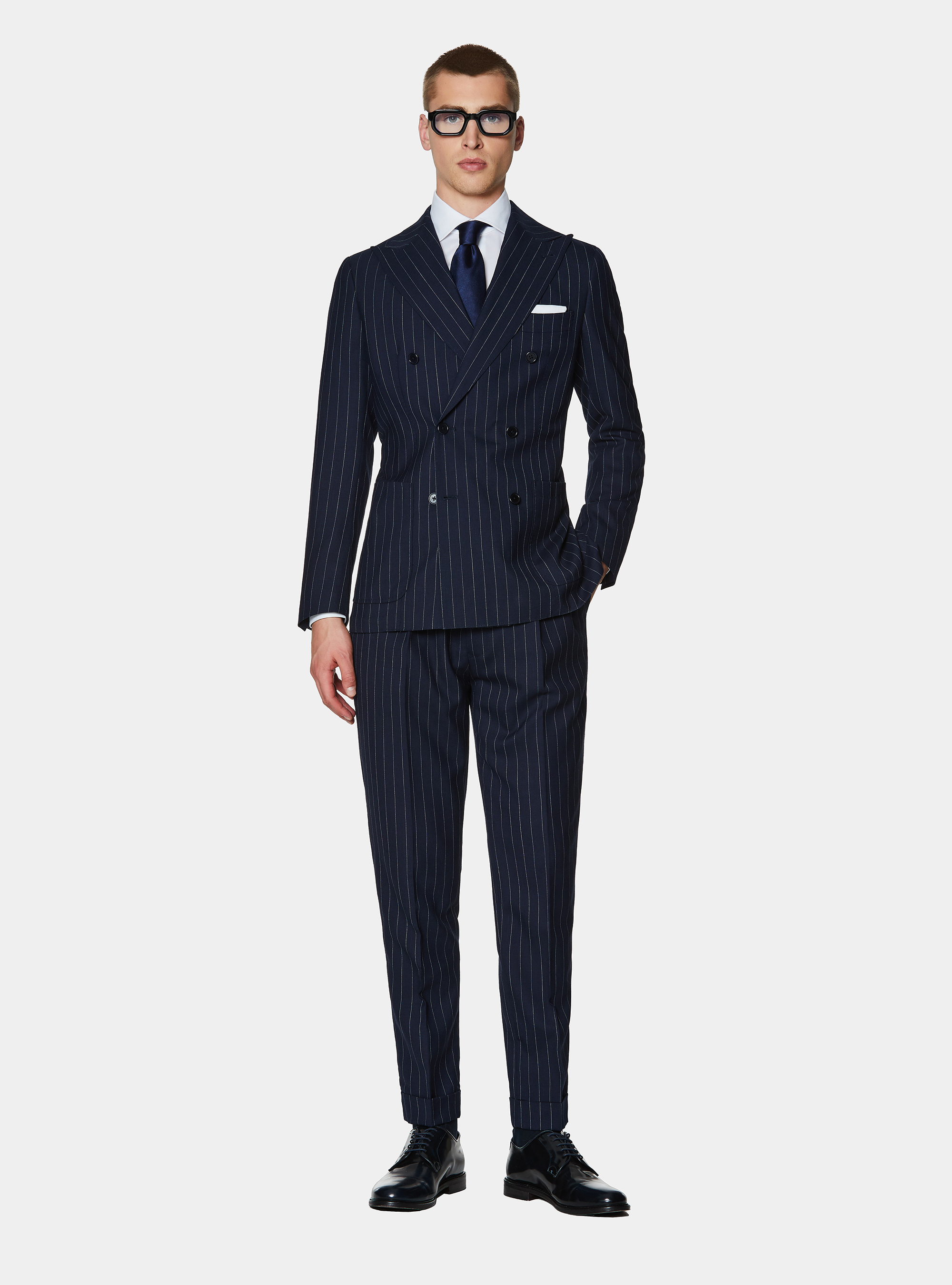 Double-breasted pinstriped wool suit blazer, NAVY BLUE