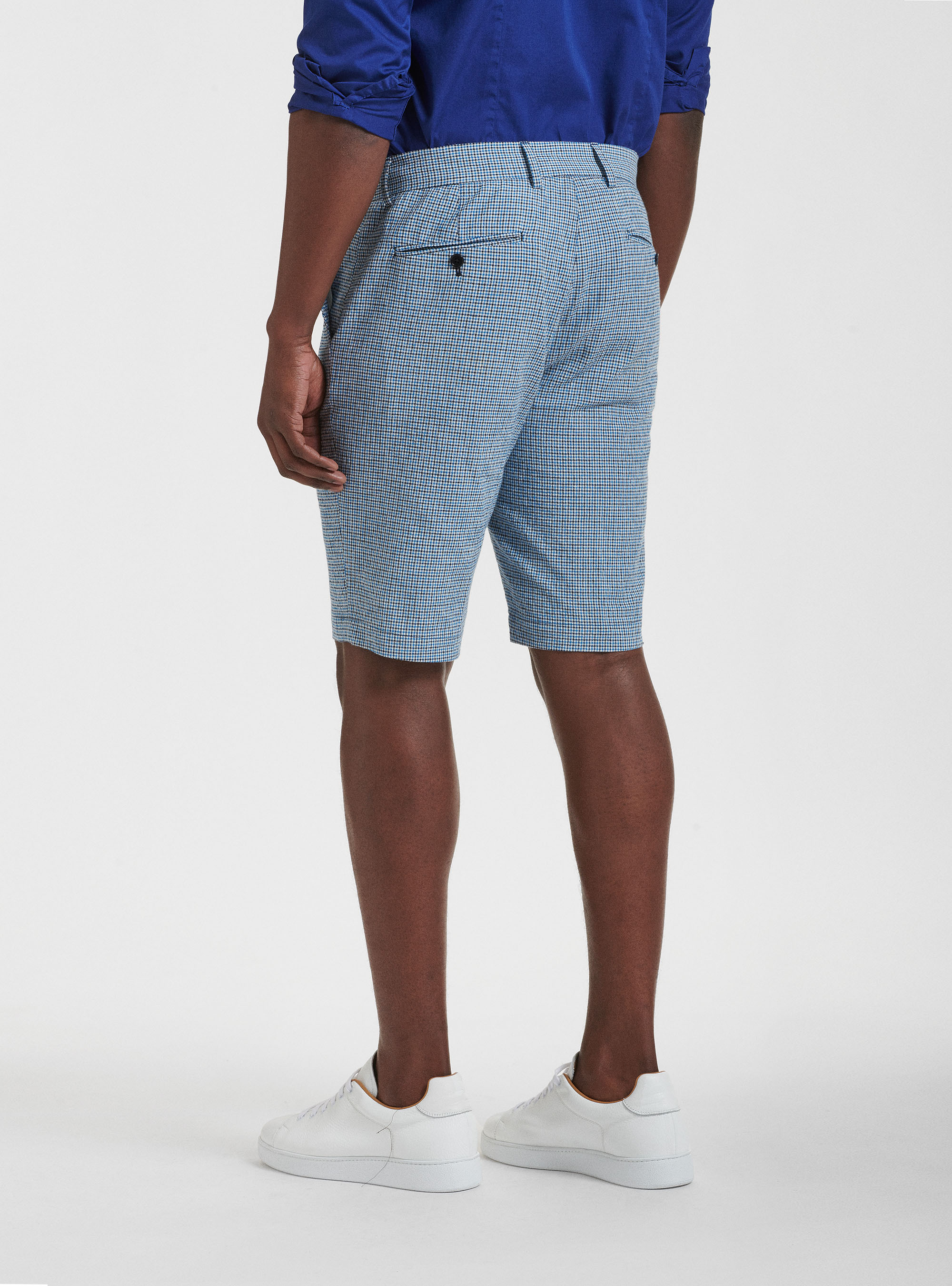 Bermudas de algod&oacute;n y lino seersucker a cuadros, AZUL MEDIO