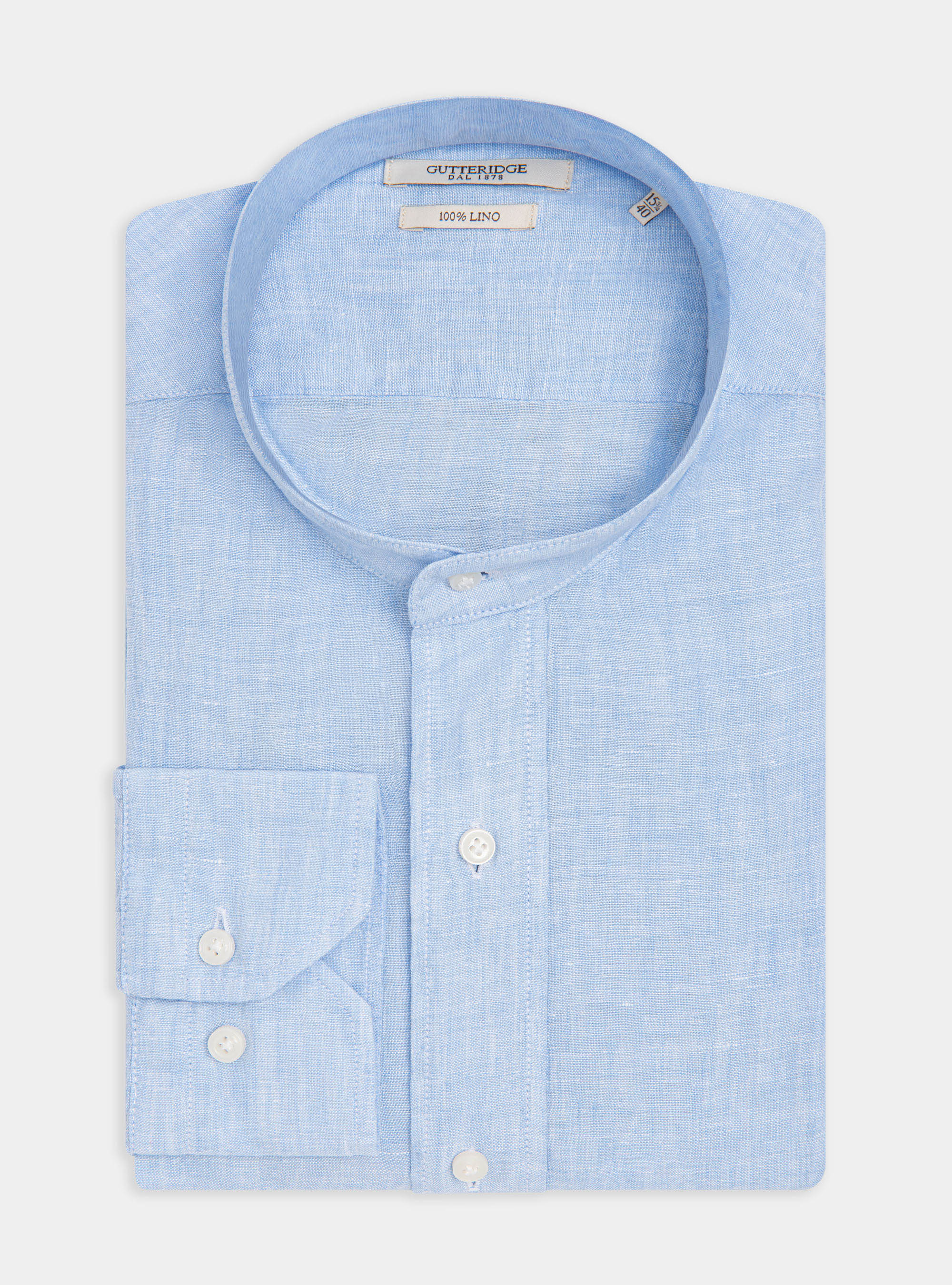 Camicia collo coreano 100% lino, AZZURRO