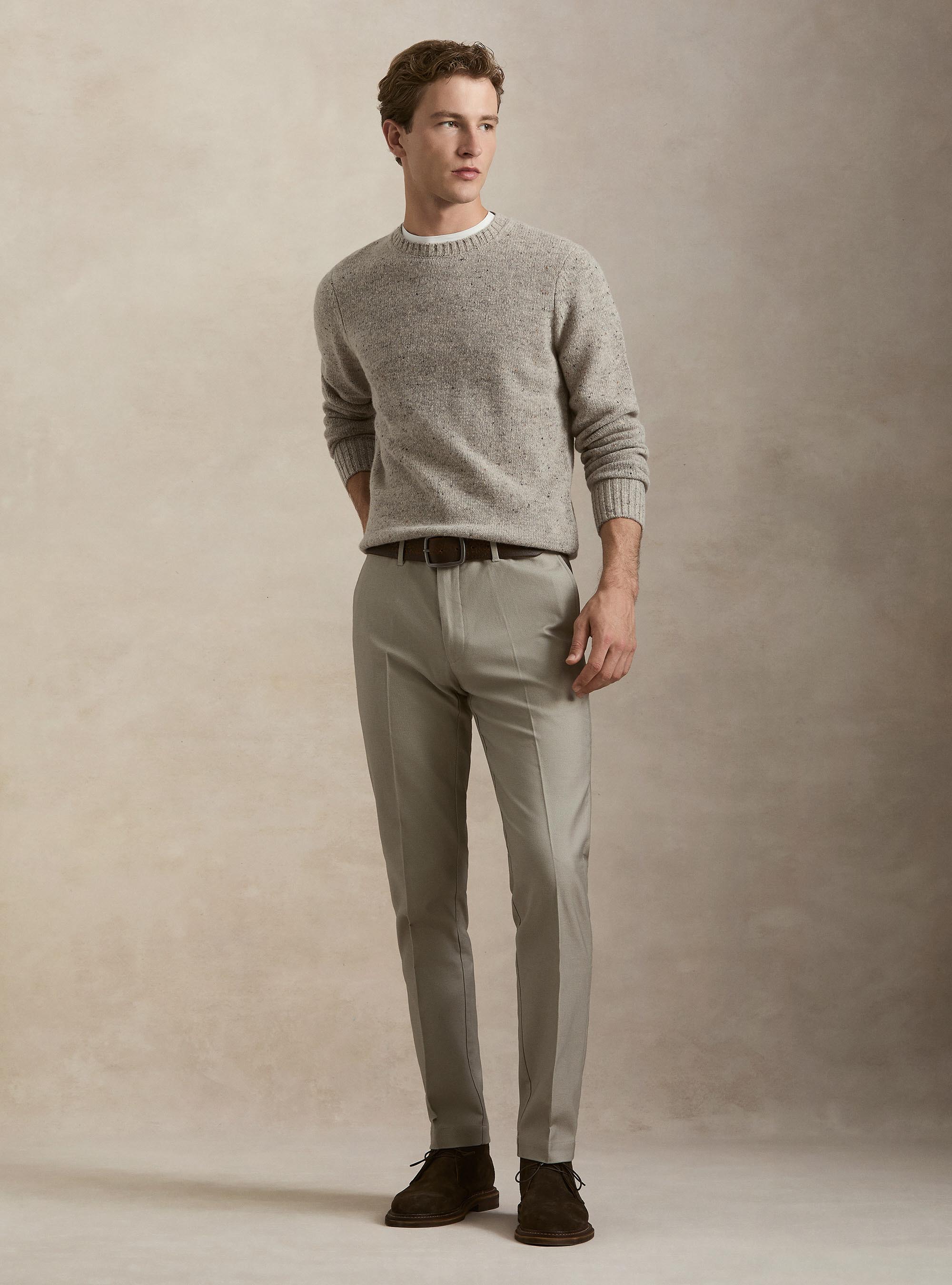 Rundhalspullover aus Merino-Wollmischung mit Noppen-Struktur, GRIGIO CHIARO MEL 0150C
