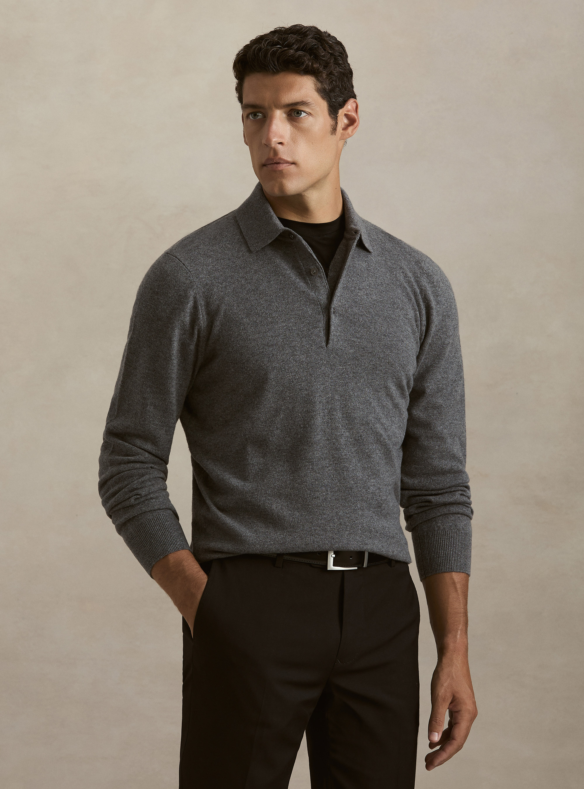 Polo de manga larga de cachemira pura, GRIGIO SCURO 0125C