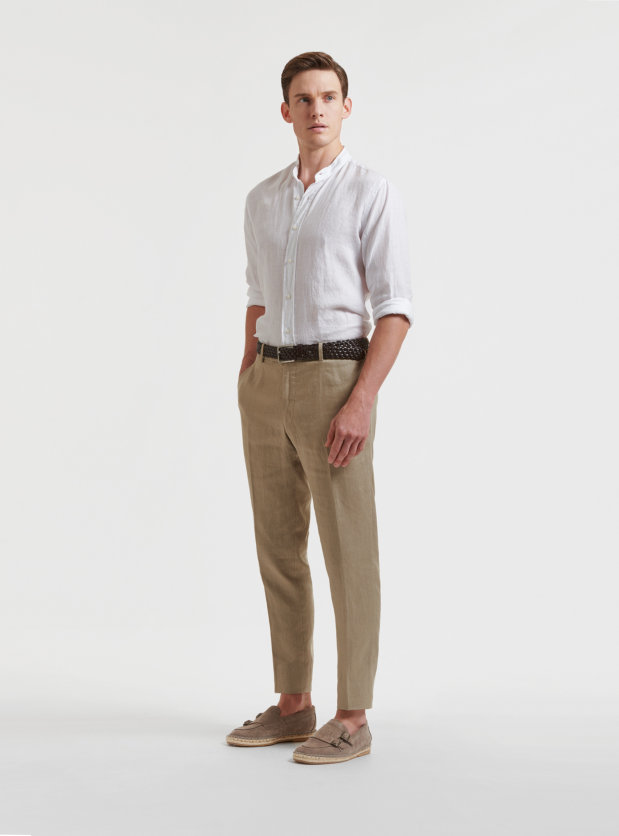 Camicia collo coreano 100% lino, BIANCO