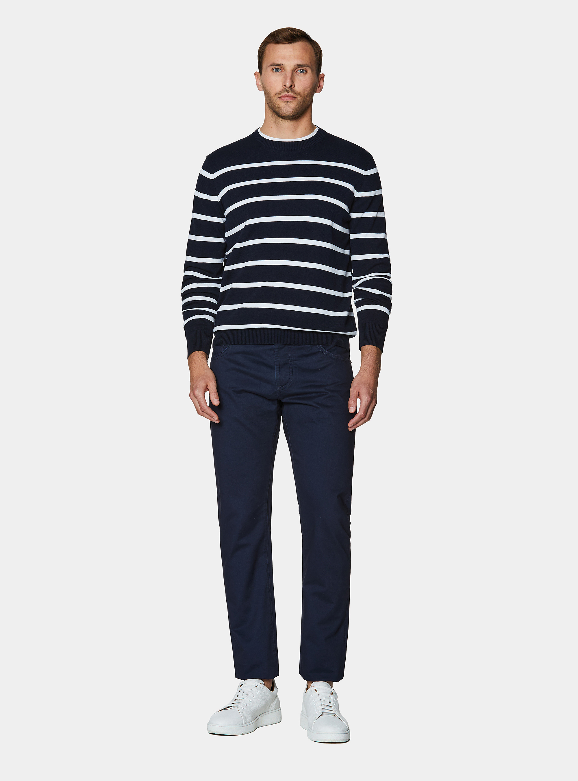 Maglia girocollo in cotone extrafine rigato, BLU NAVY