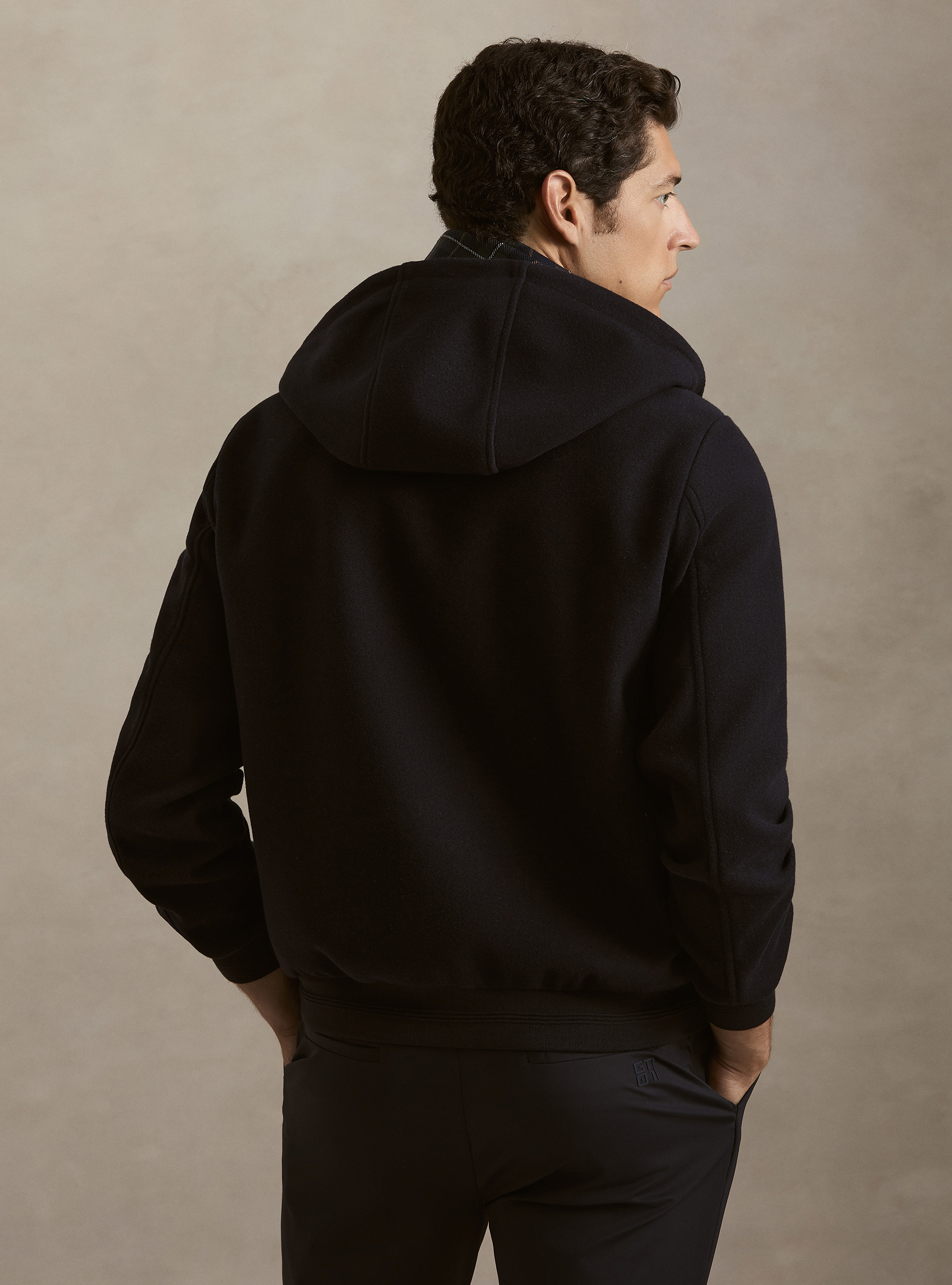 Giubbino in panno stretch con cappuccio, BLU NAVY
