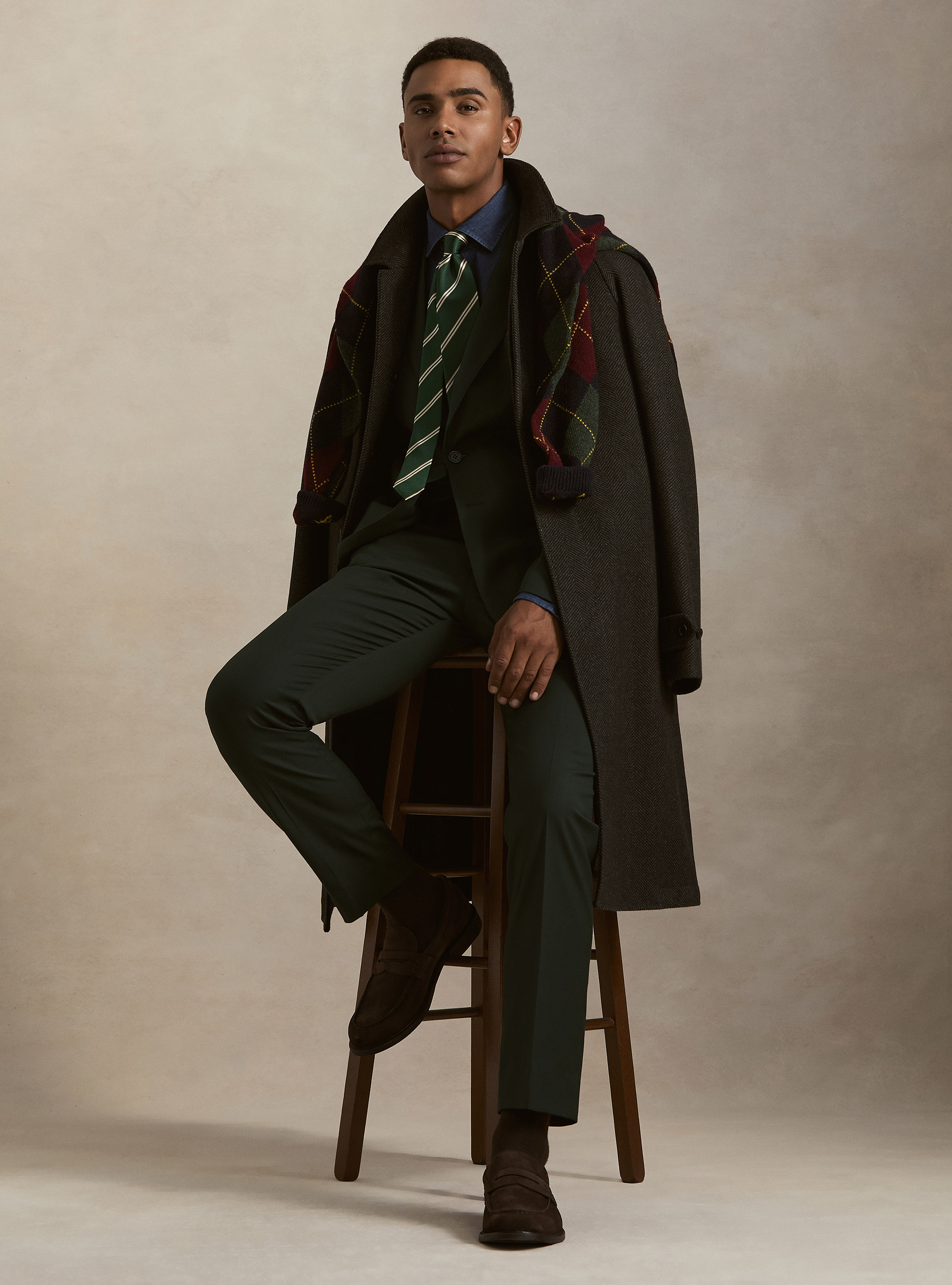 Herringbone Shetland wool blend raglan coat, GREEN