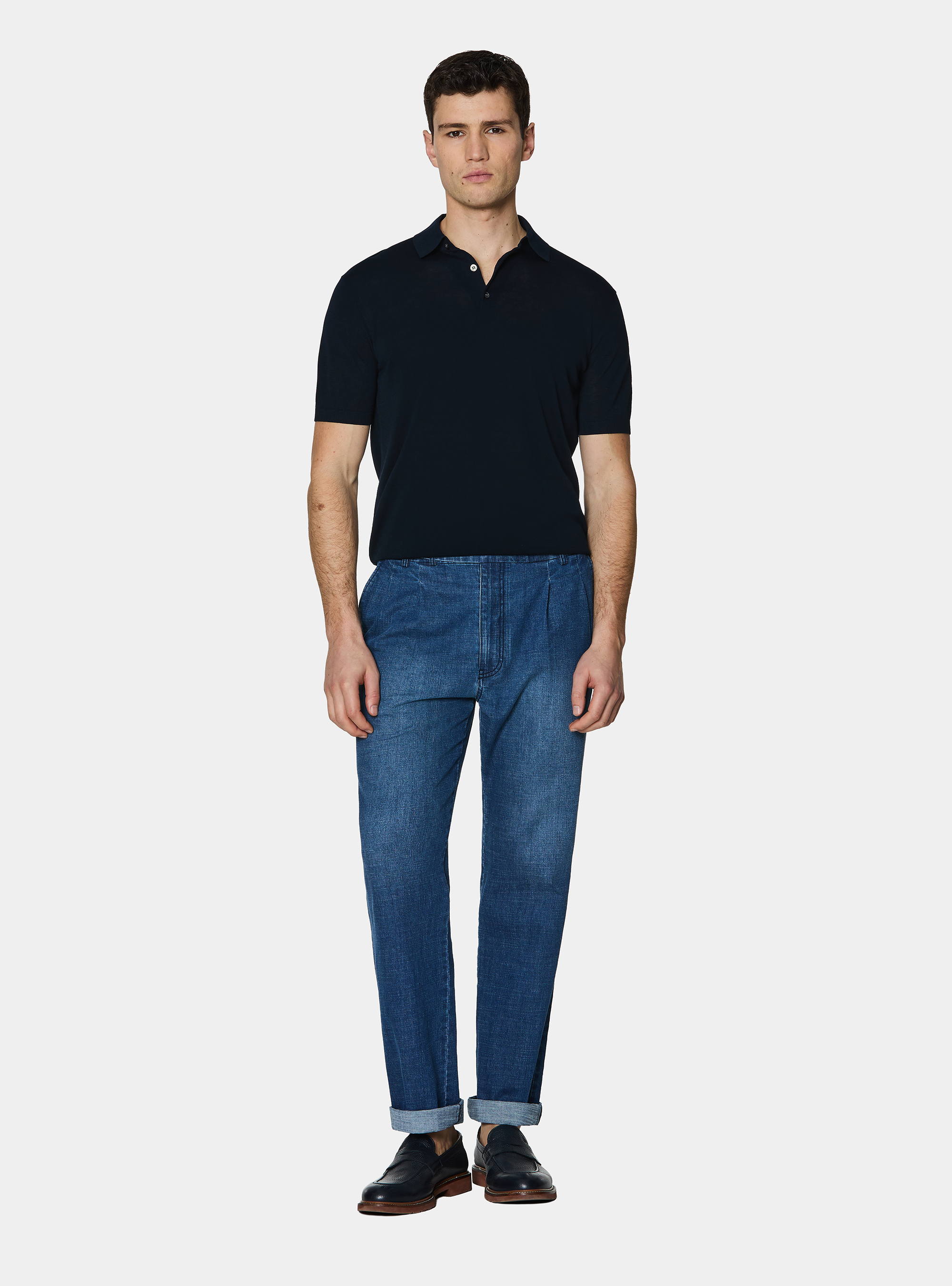 Maglia a polo in cotone e seta, BLU NAVY