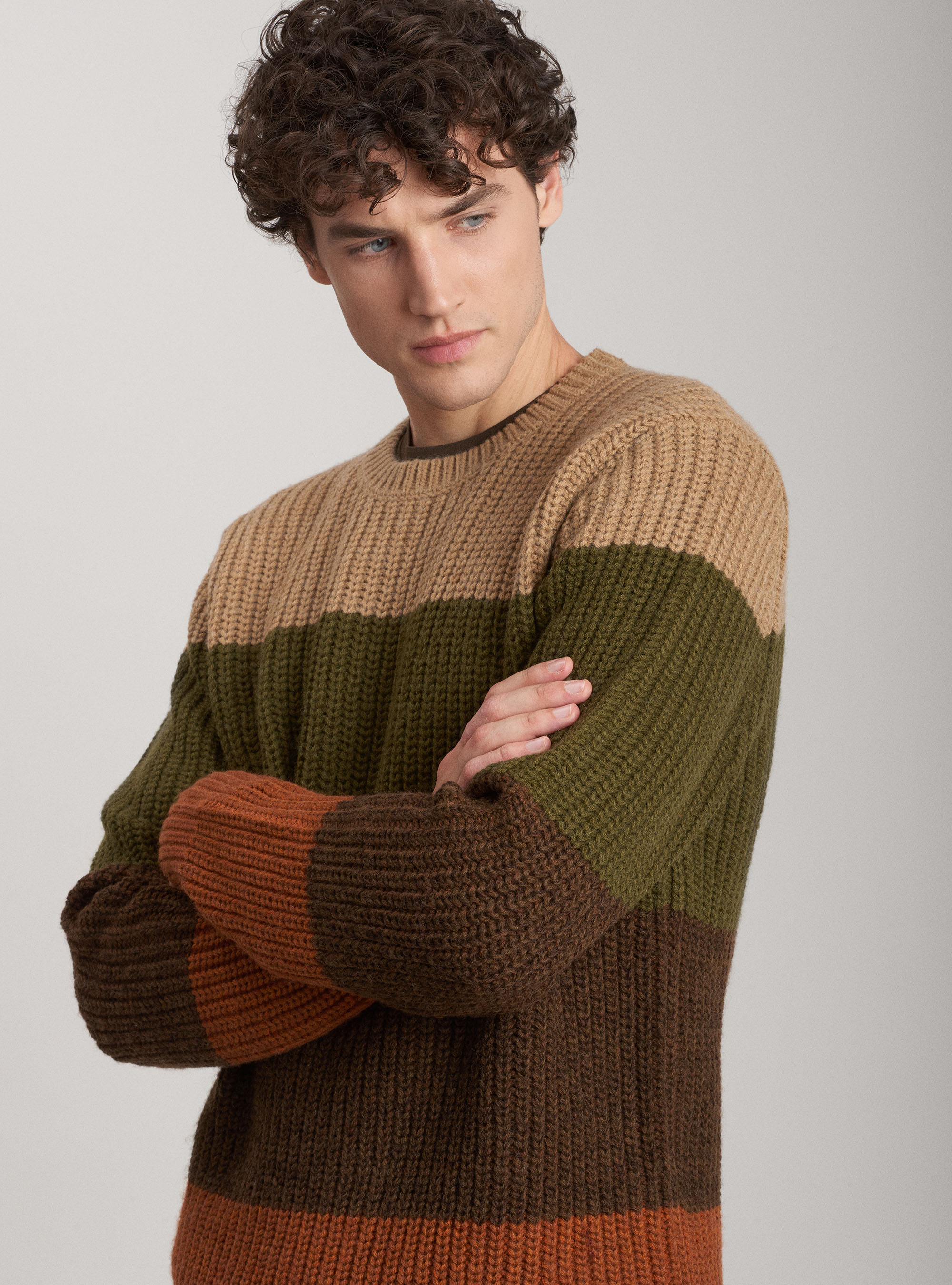 Wool striped round neck pullover, SAND
