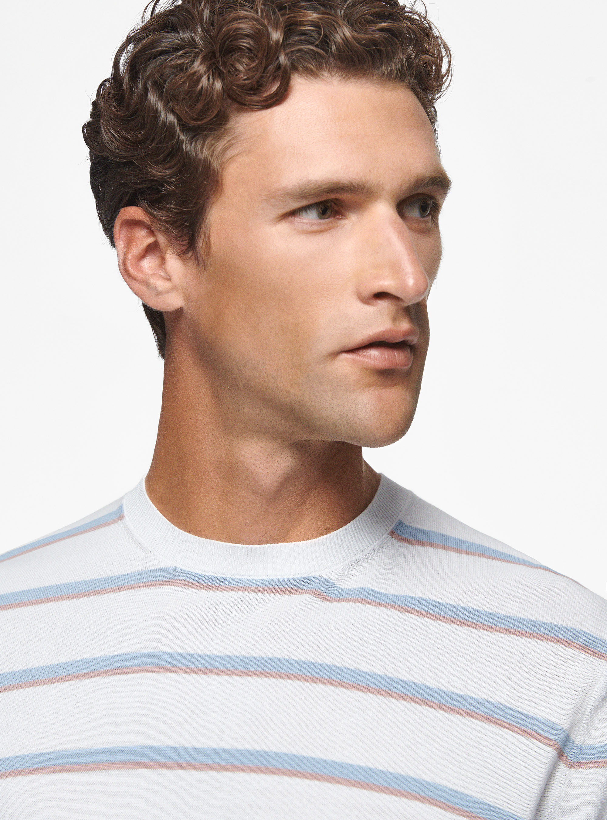 Maglia girocollo in cotone rigato, BIANCO