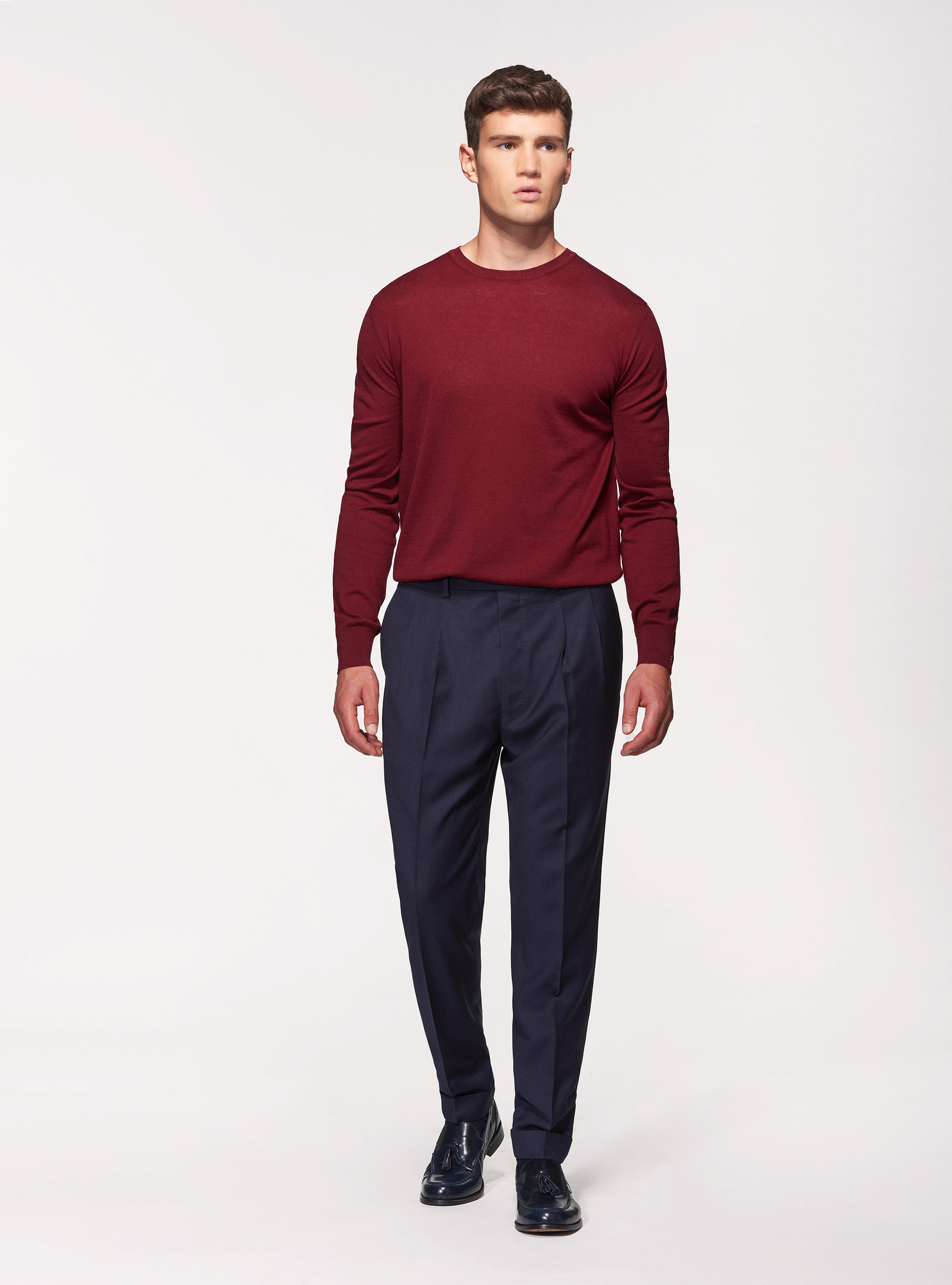 Silk cotton crew-neck sweater, BORDEAUX
