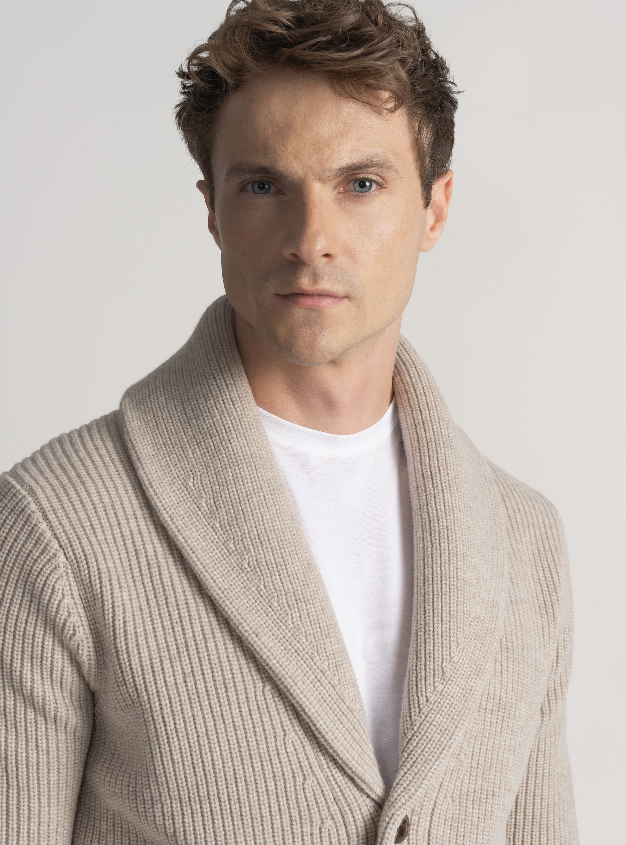 Merino wool shawl knit cardigan, ECRU