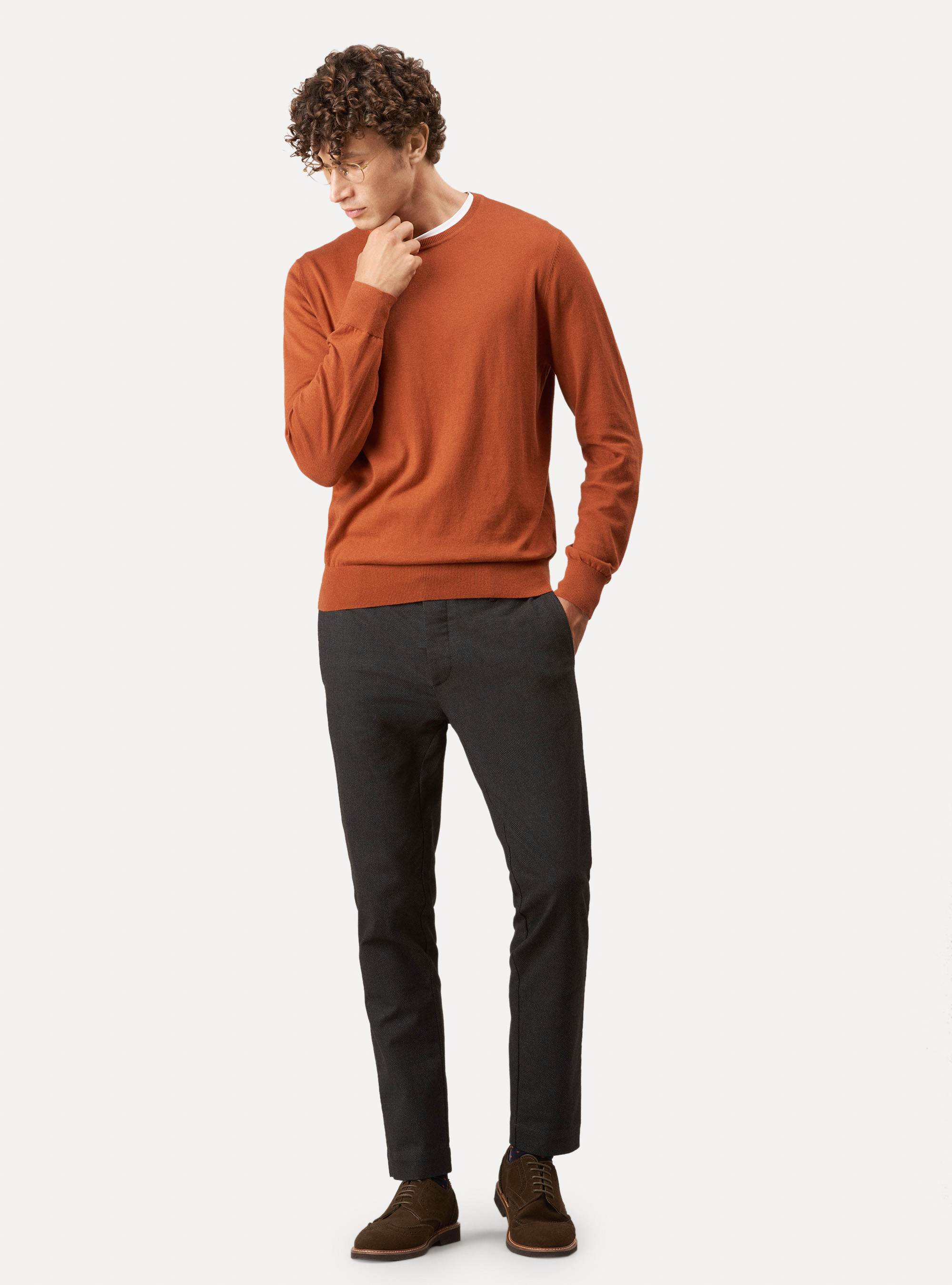 Cotton silk and cashmere crew-neck sweater, TERRACOTTA