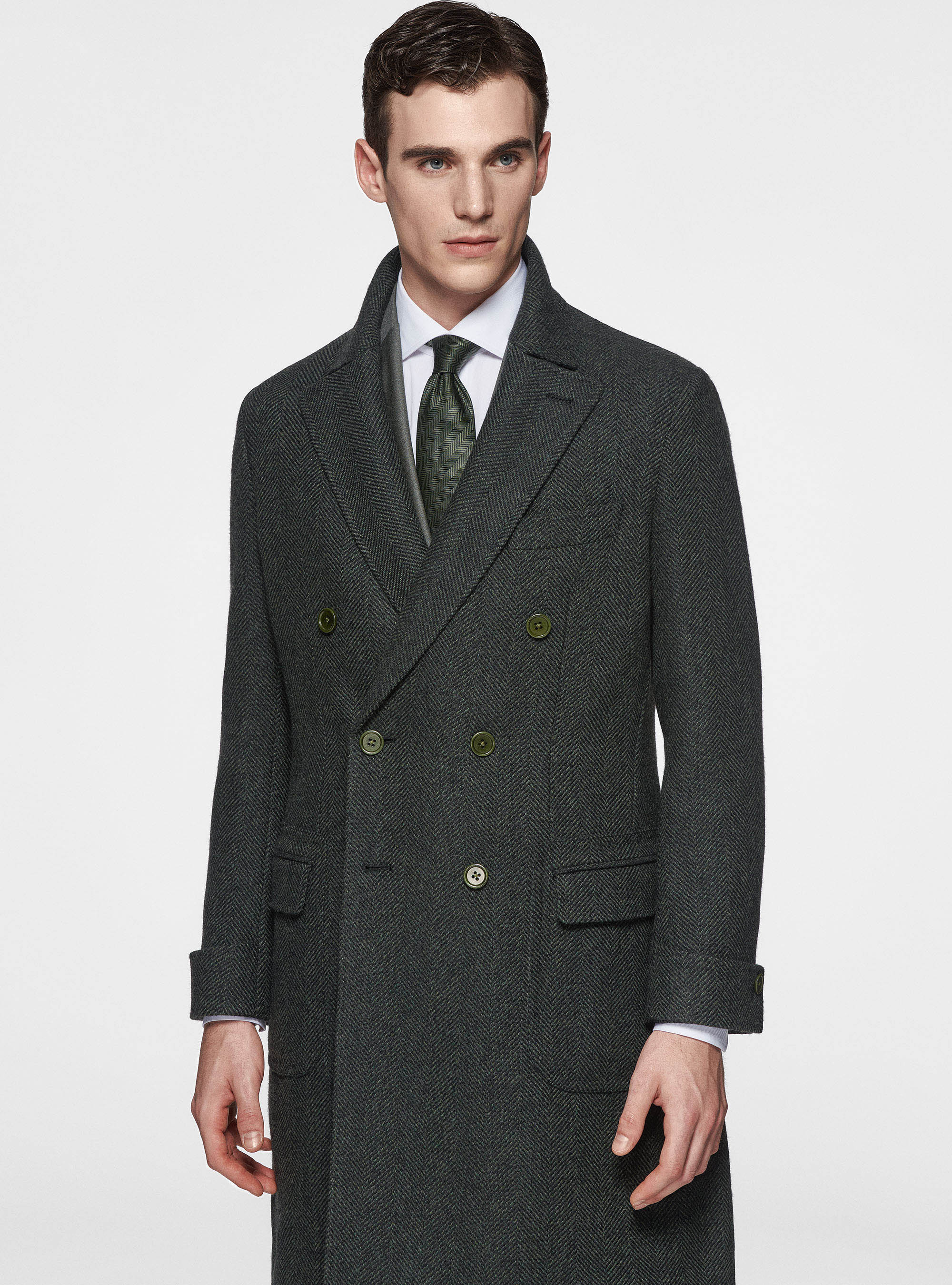Double-breasted coat in herringbone wool blend, GREEN