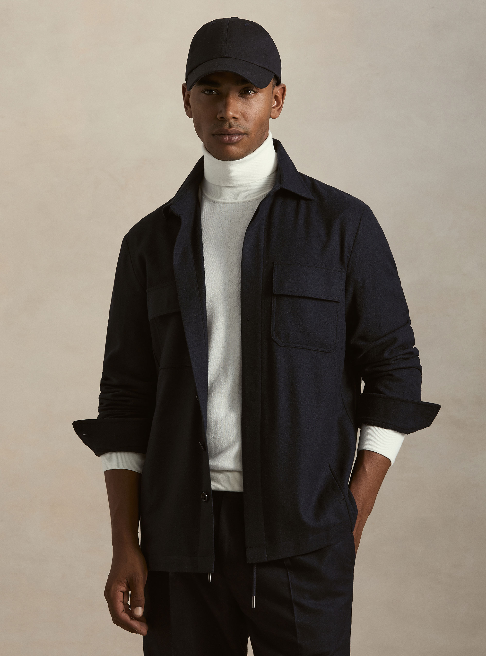 Lightweight wool blend flannel overshirt, NAVY