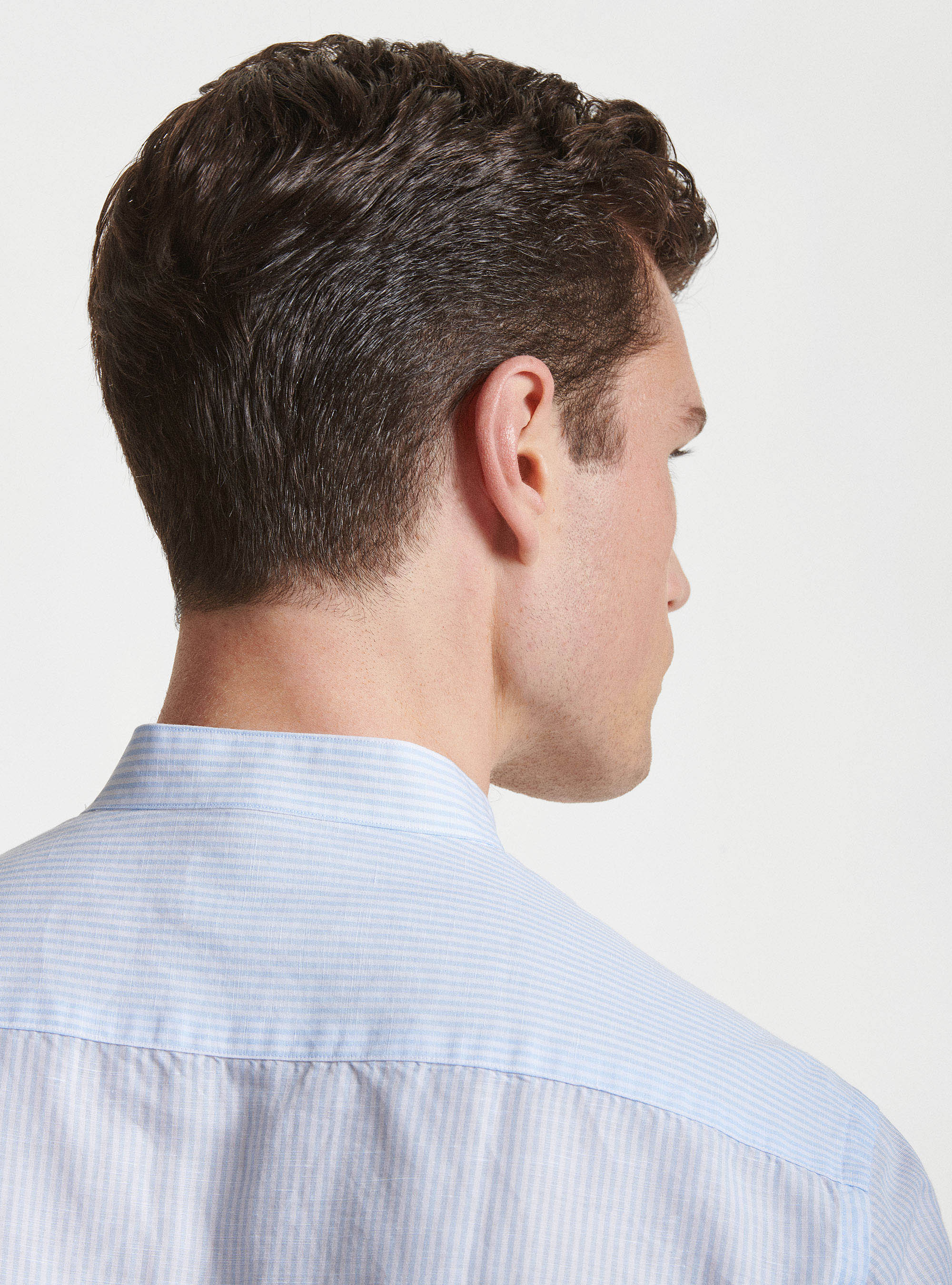 Camicia collo alla coreana in lino e cotone, AZZURRO