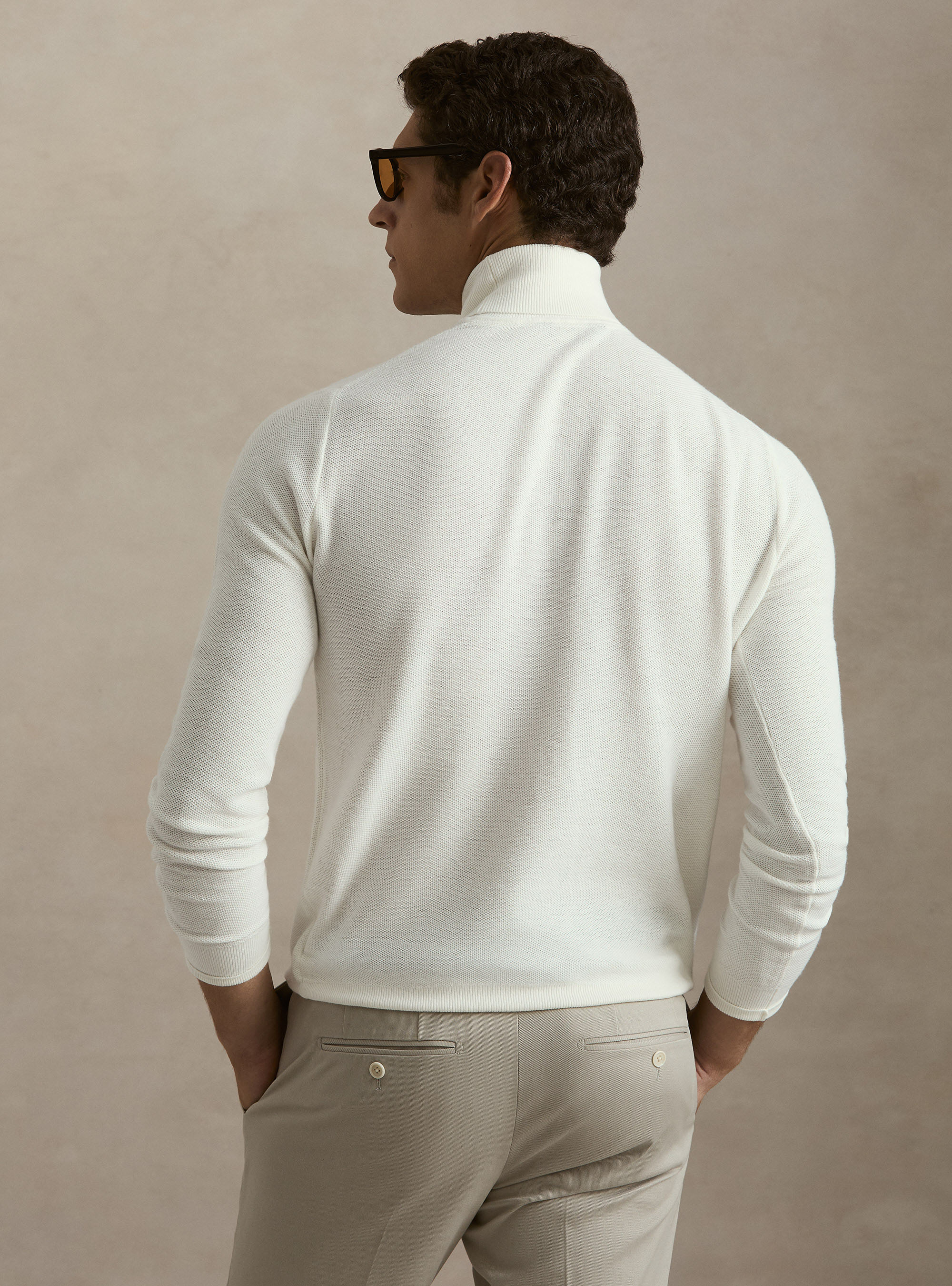 Waffelstrick-Rollkragenpullover, BIANCO 0099C