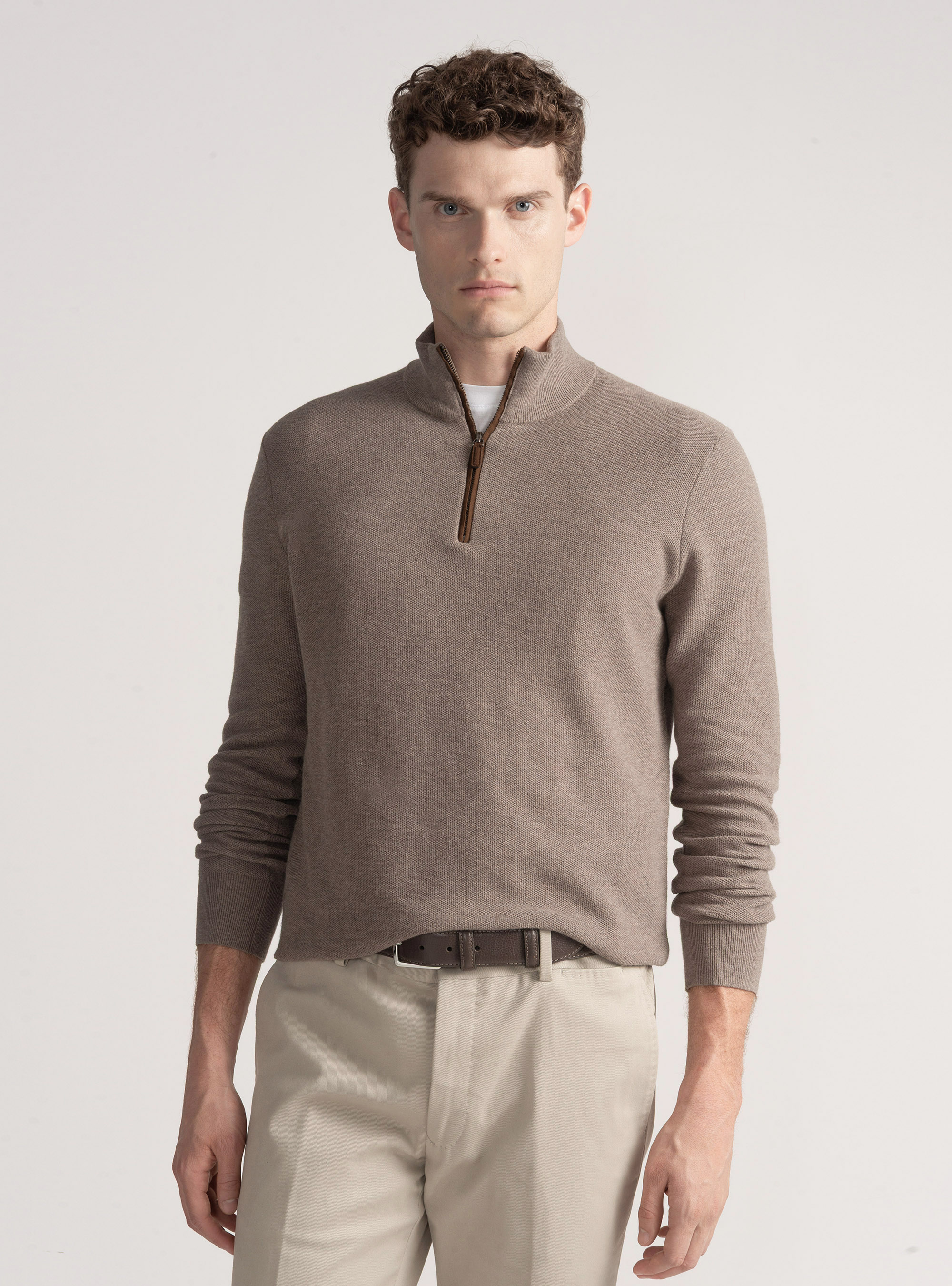 Cotton cashmere honeycomb mock neck sweater, MUD