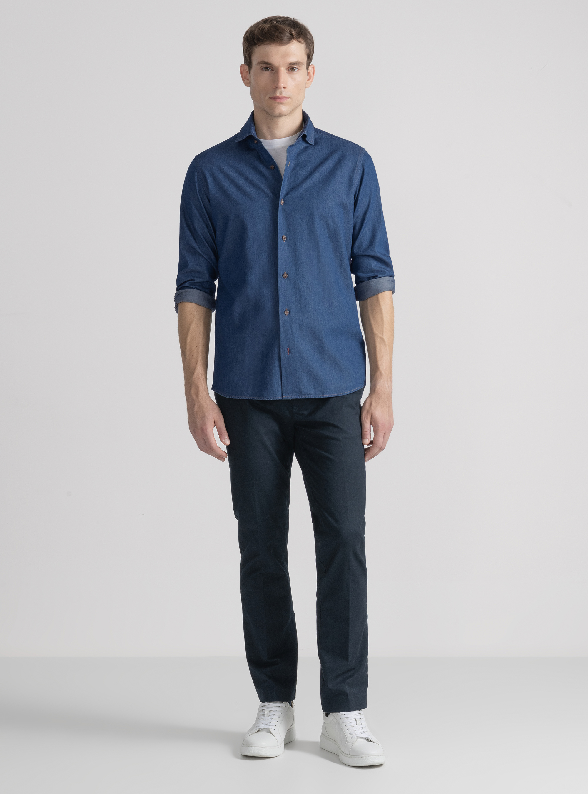 Camicia in cotone chambray, BLU NAVY