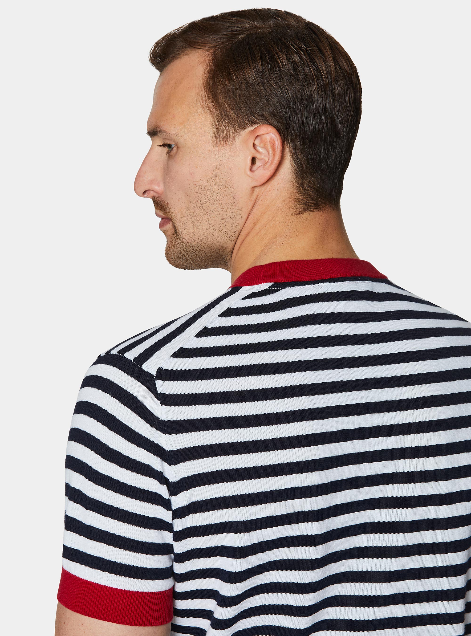 Rundhals-Pullover aus extrafeiner gestreifter Baumwolle, NAVY 0218C