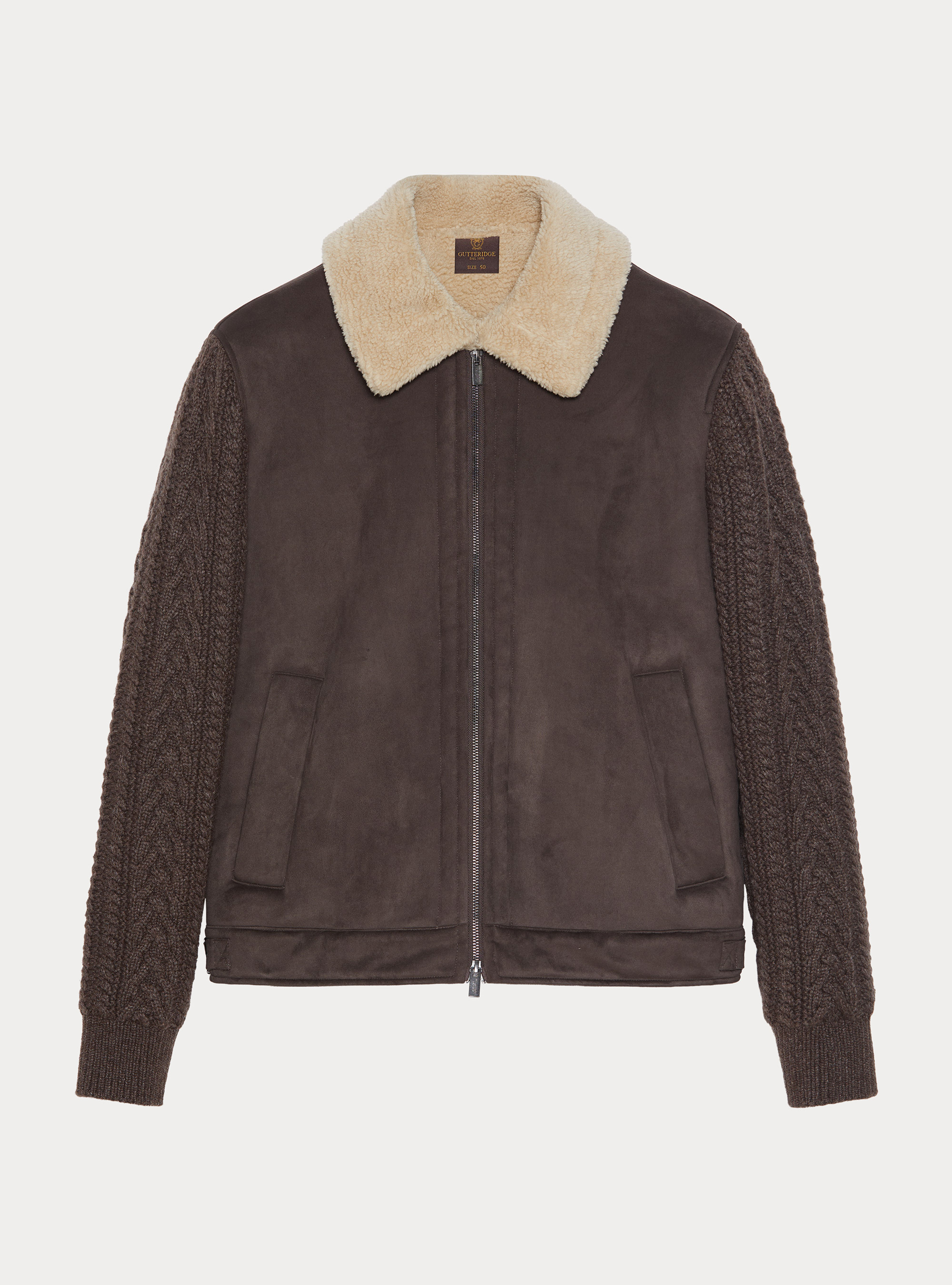 Montone effetto suede con maniche in maglia, MARRONE