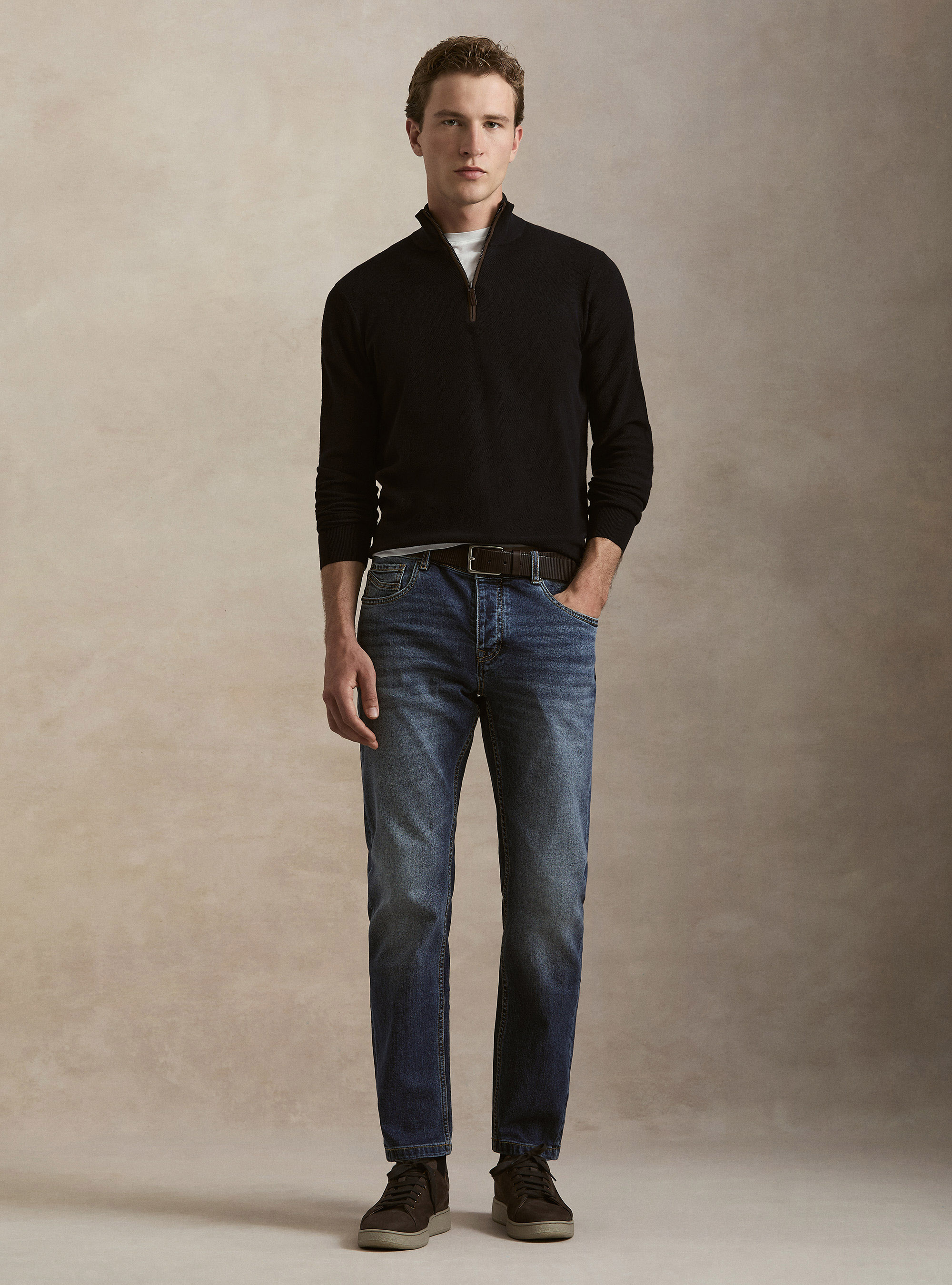 Half-Zip-Pullover aus Baumwolle und Kaschmir mit Wabenstruktur, NAVY 0218C