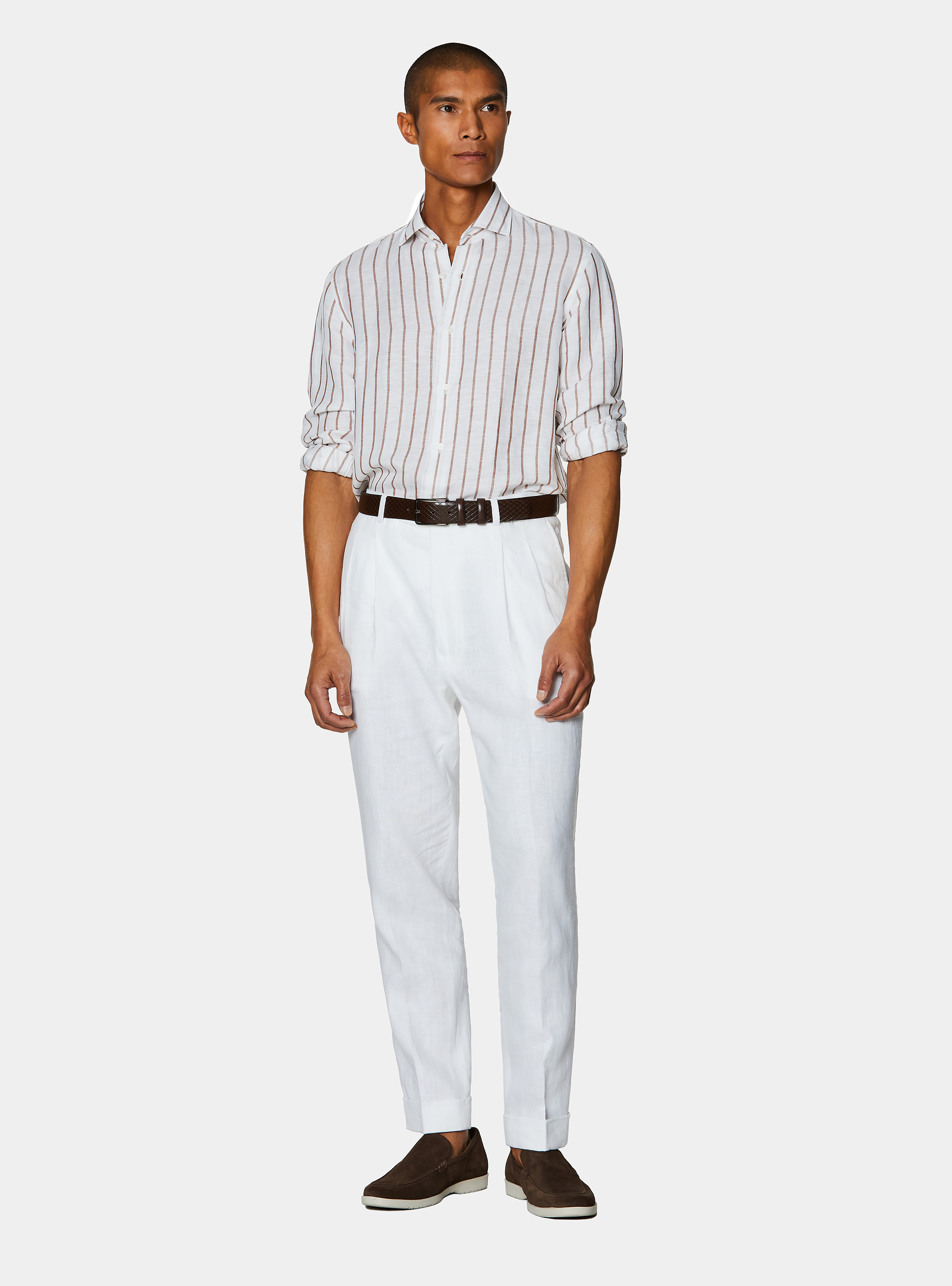 Linen blend striped shirt, BROWN