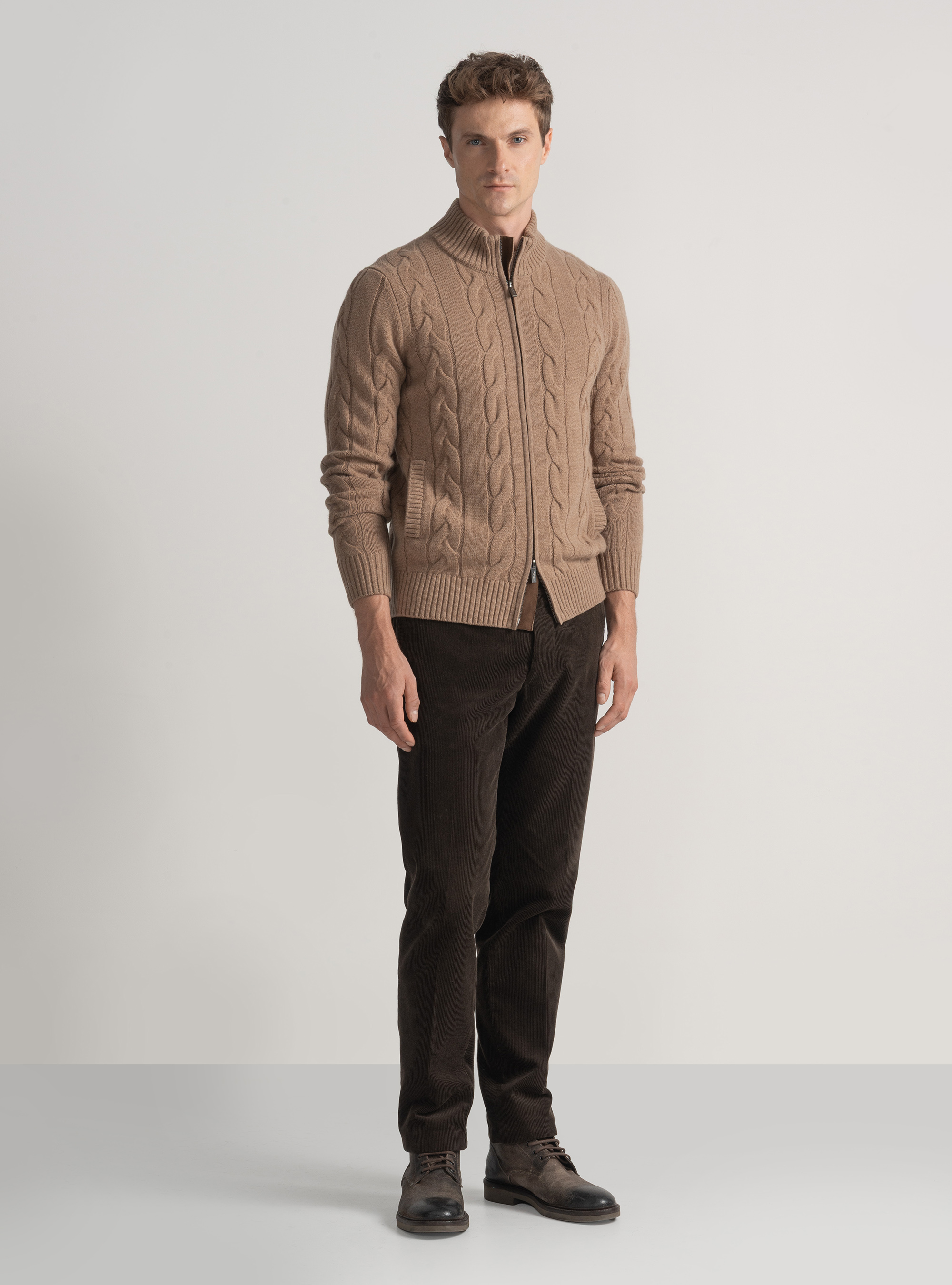 Zip and braid sweater in cashmere wool, CAMMELLO 0570C