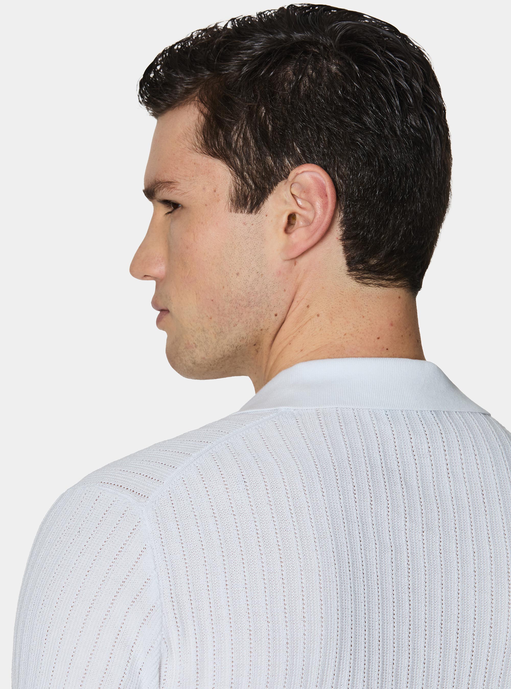 Perforated knit polo shirt without buttons in extra-fine cotton, WHITE