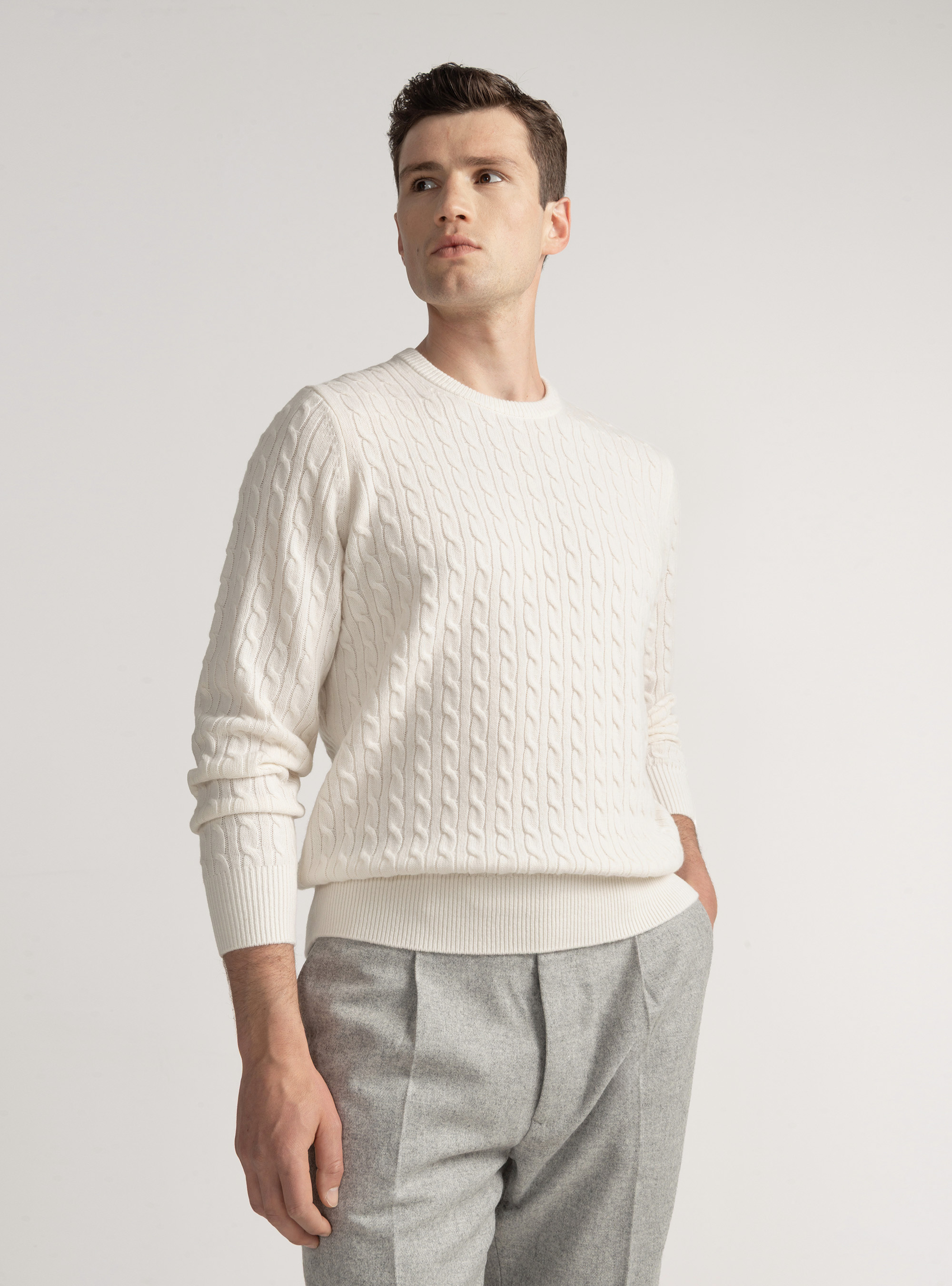 Crew-neck sweater with wool and cashmere braid, WHITE