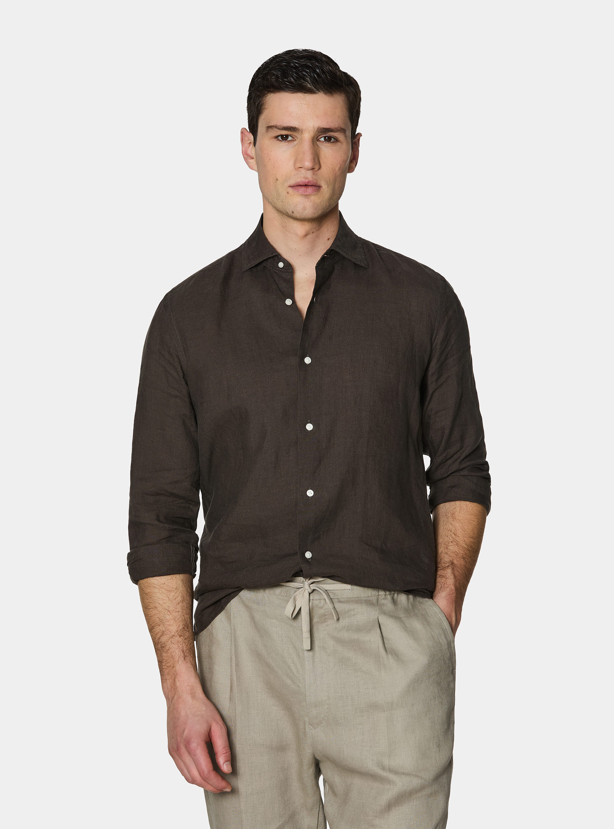 Camisa de lino puro, MARRON