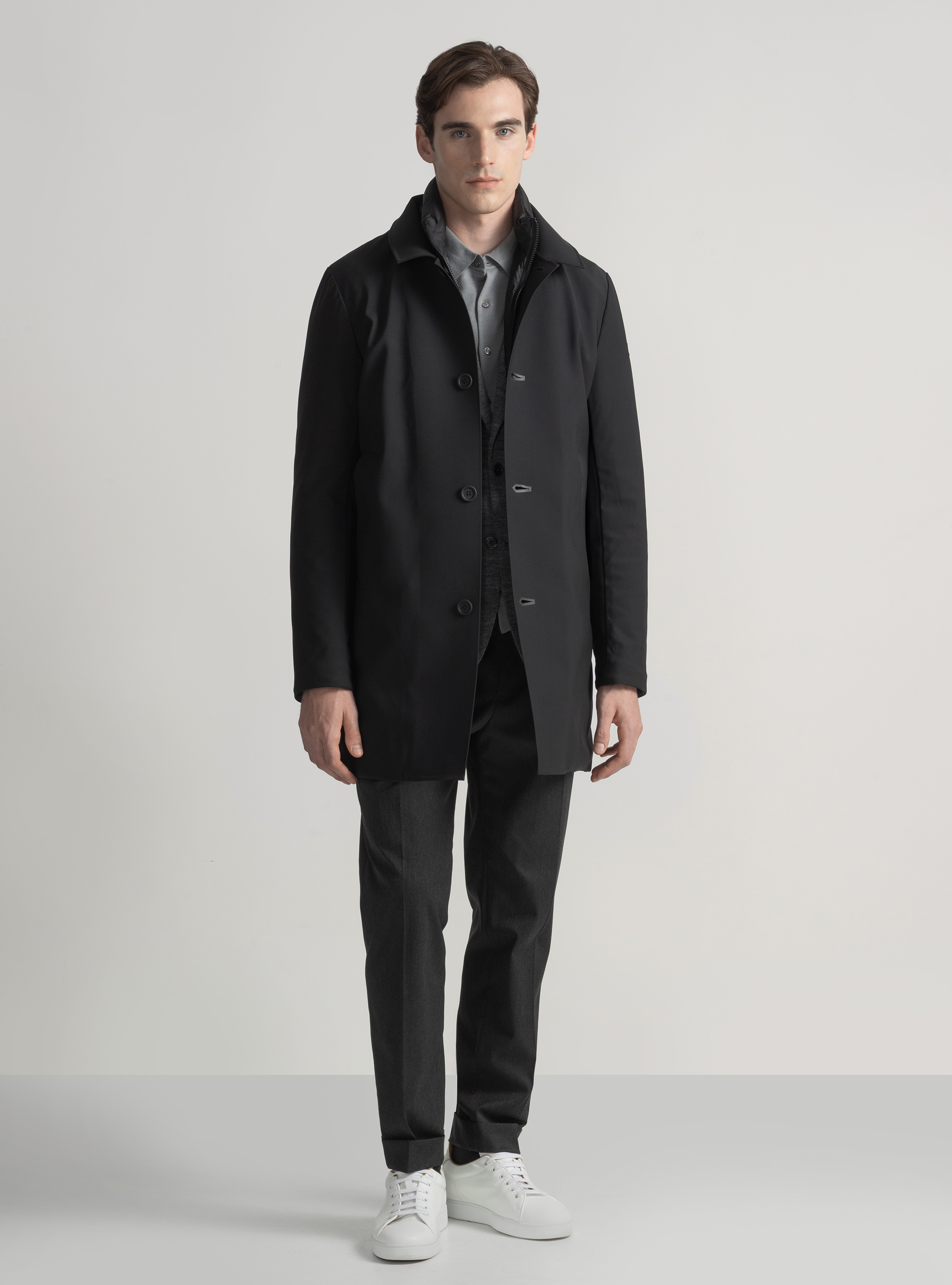 Long padded jacket with removable bib, BLACK