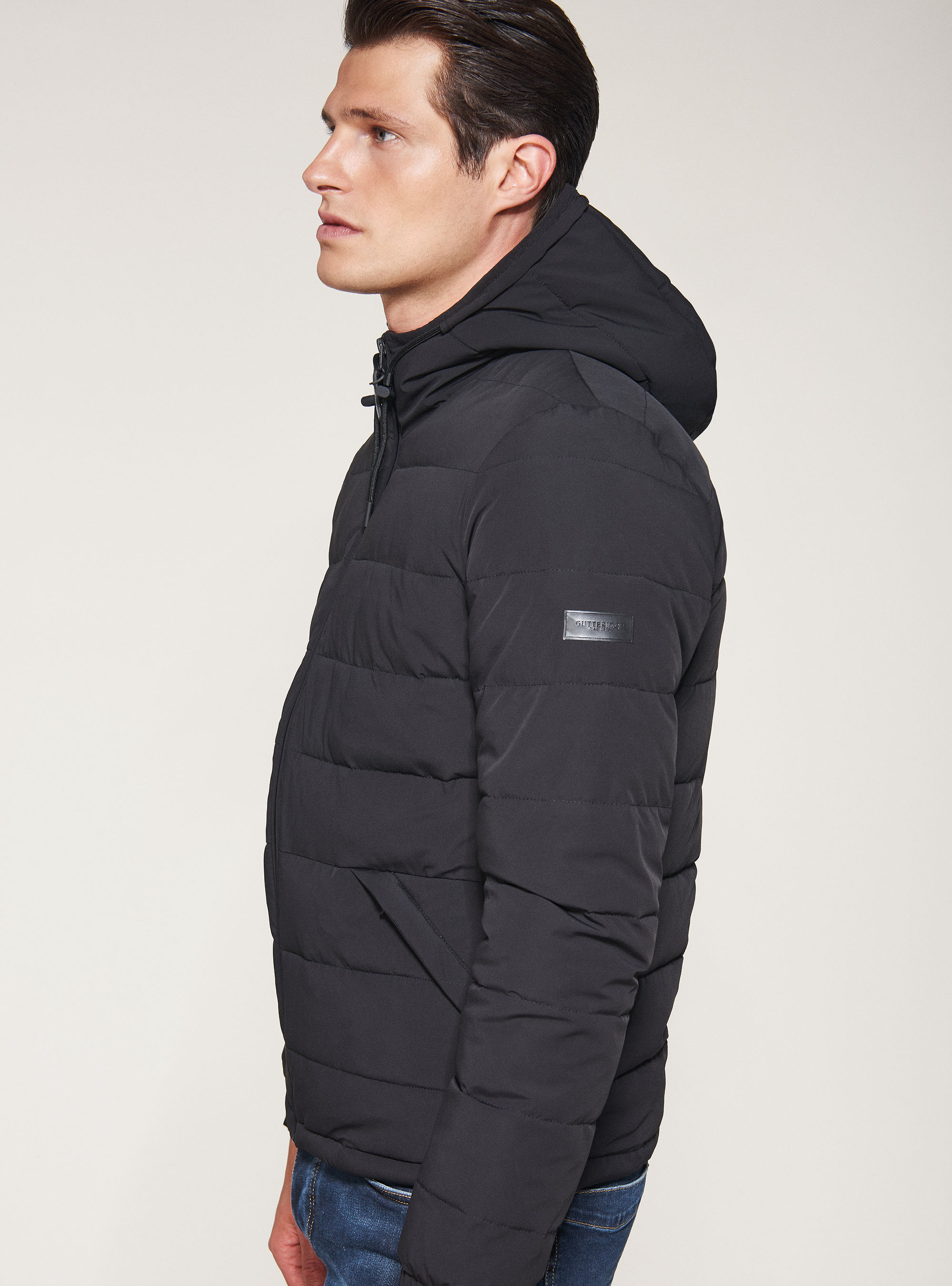 Bomber jacket in technical fabric with hood, BLACK