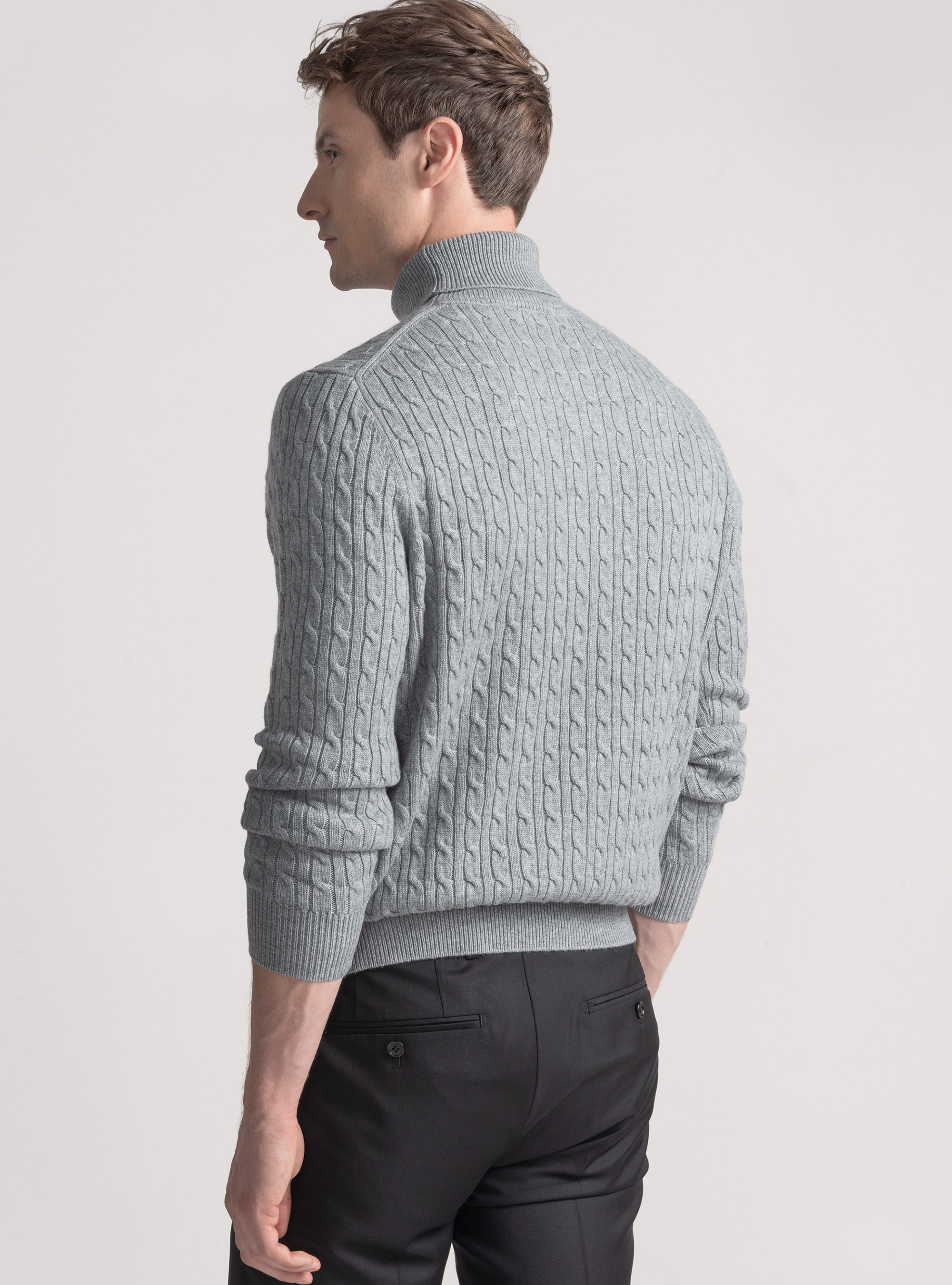 Maglia collo alto con treccia in misto lana, GRIGIO MELANGE 0151C