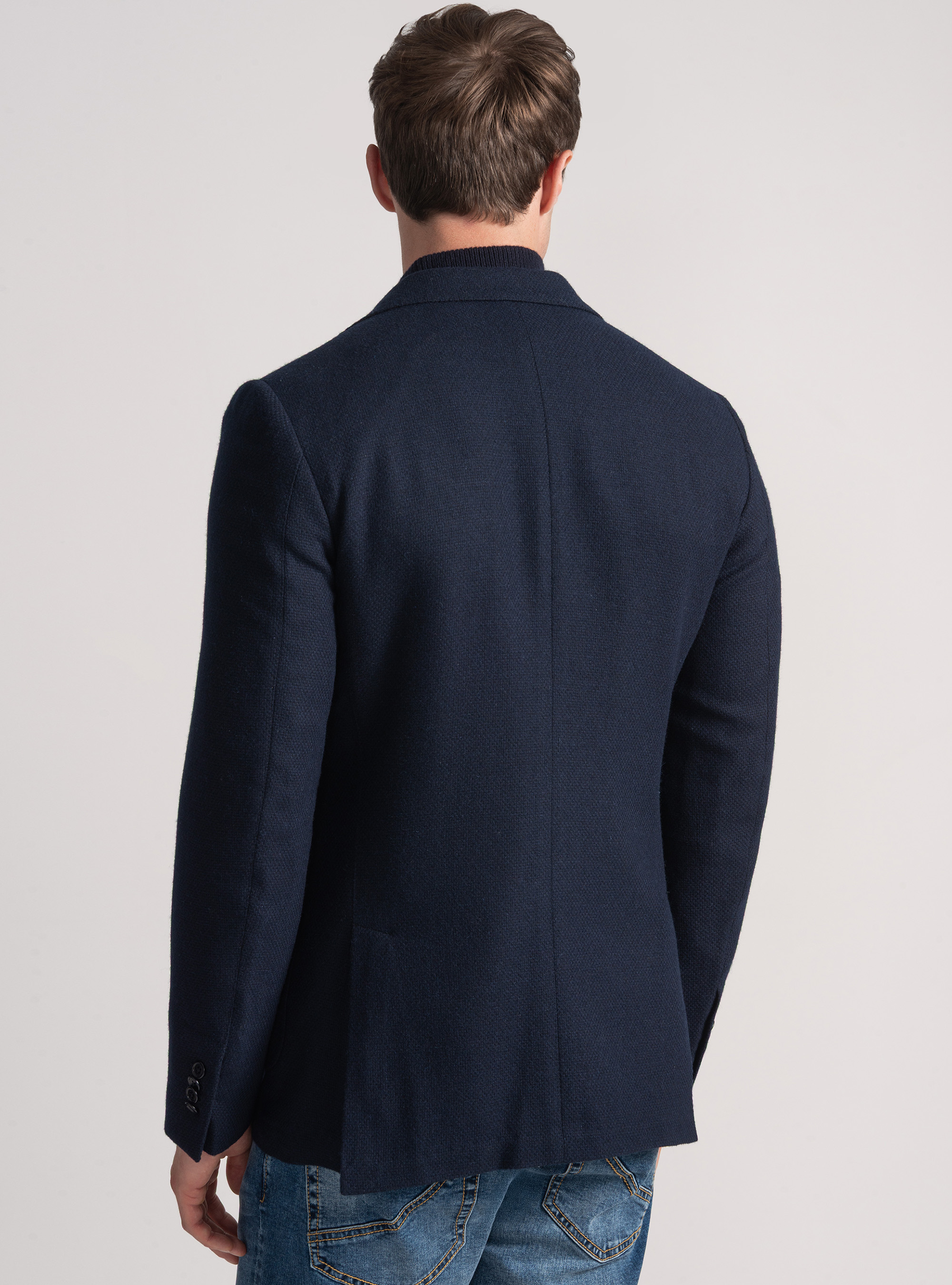 Giacca hopsack in lana cotone e cashmere, BLU NAVY