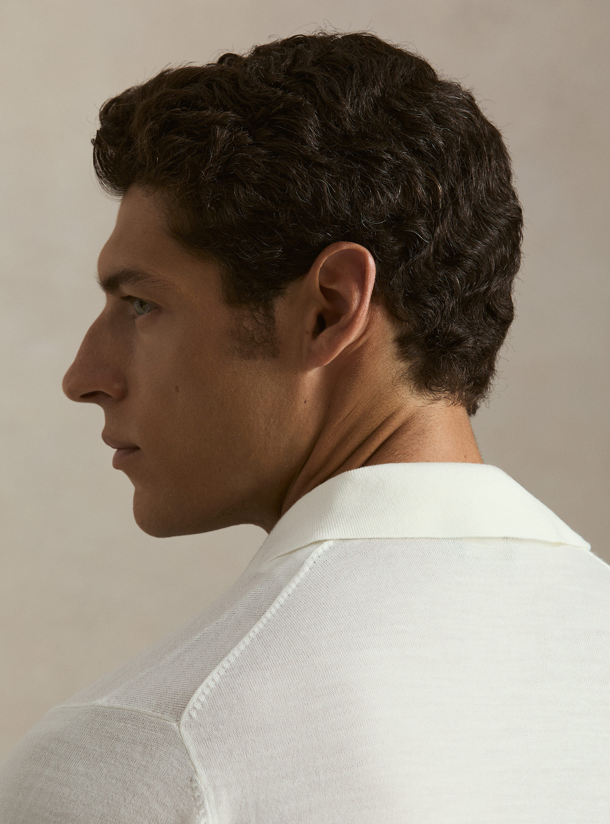Long-sleeved extrafine merino wool knitted polo, WHITE