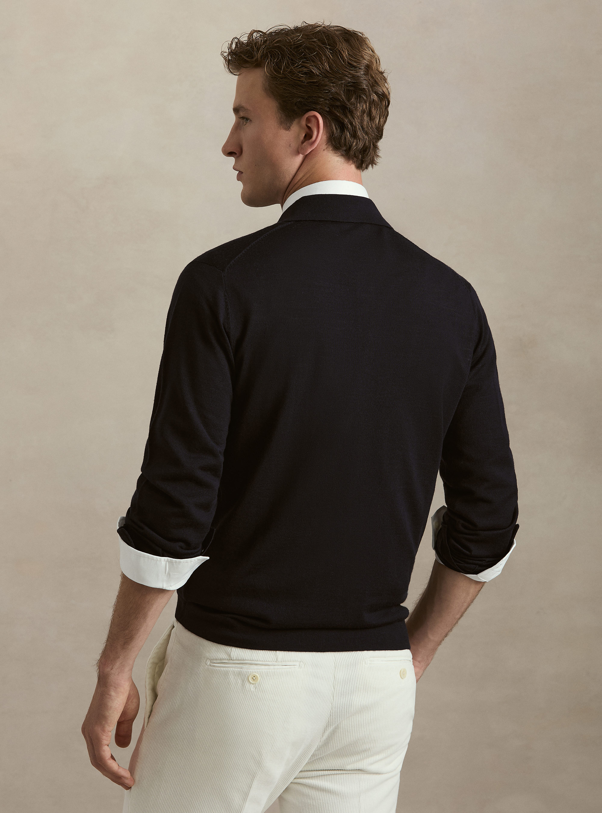 Long-sleeved extrafine merino wool knitted polo, NAVY BLUE