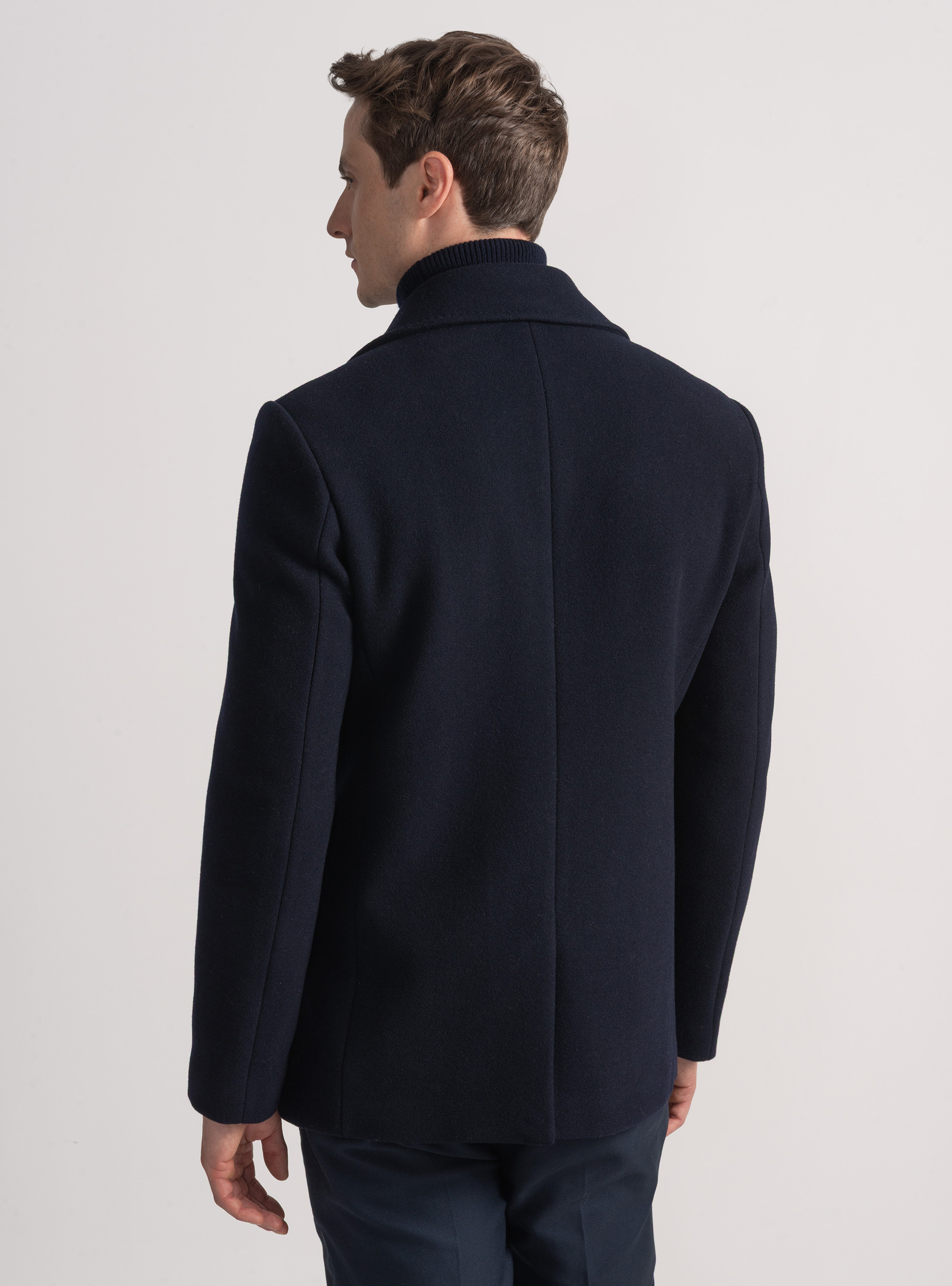 Wool-blend peacoat with metal button, NAVY BLUE