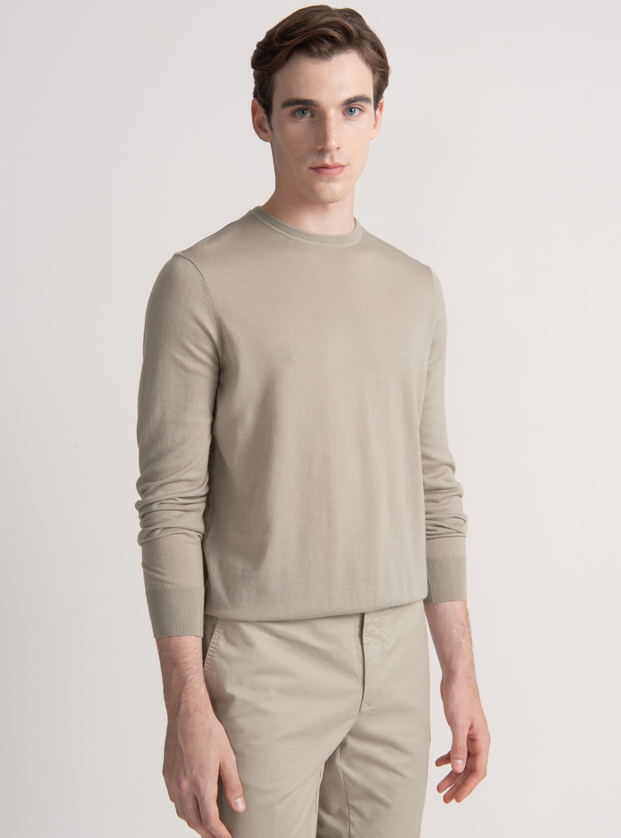 Crew-neck sweater in pure extra-fine merino wool, SAND