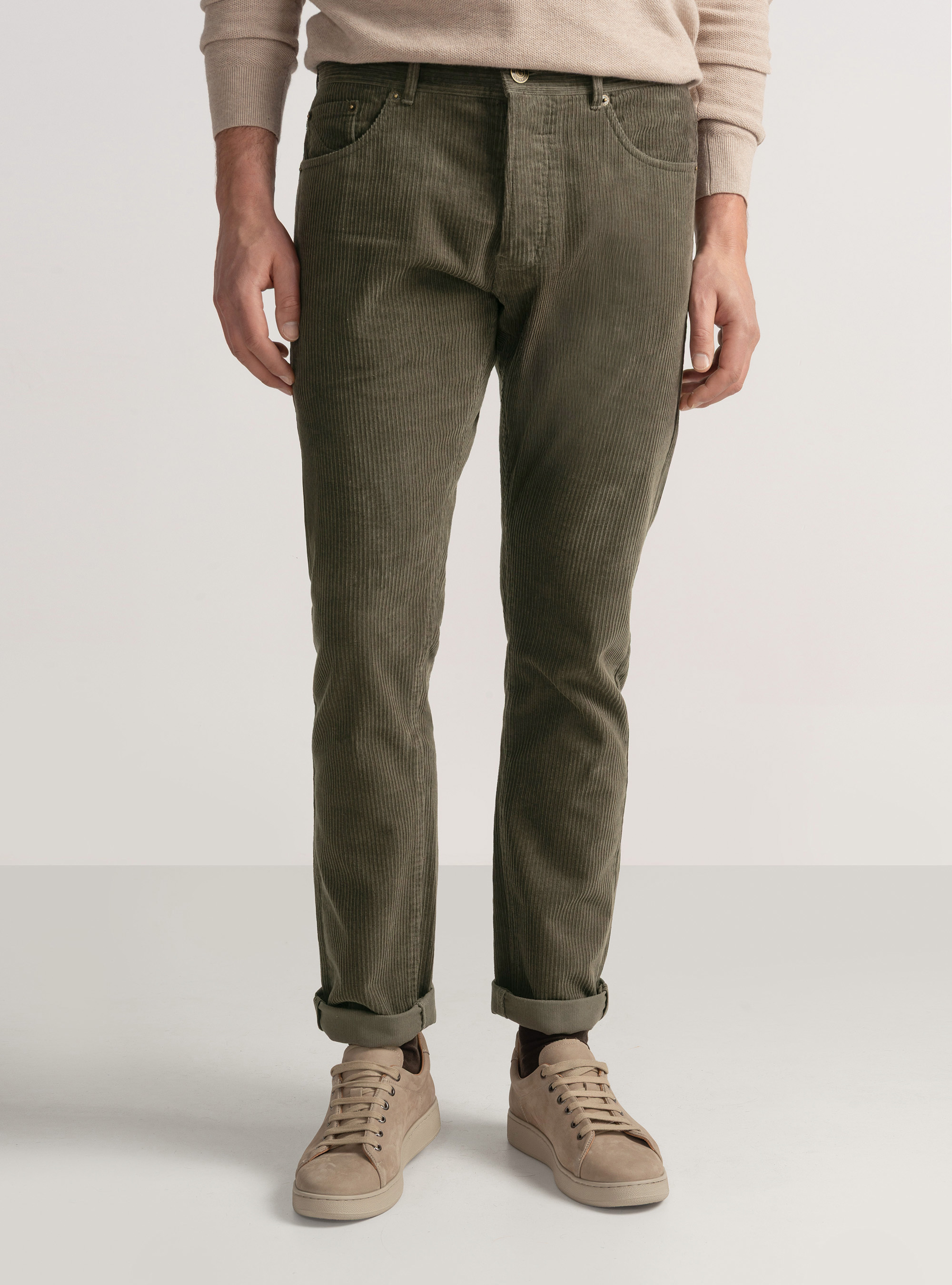Pantaloni cinque tasche in velluto, VERDE